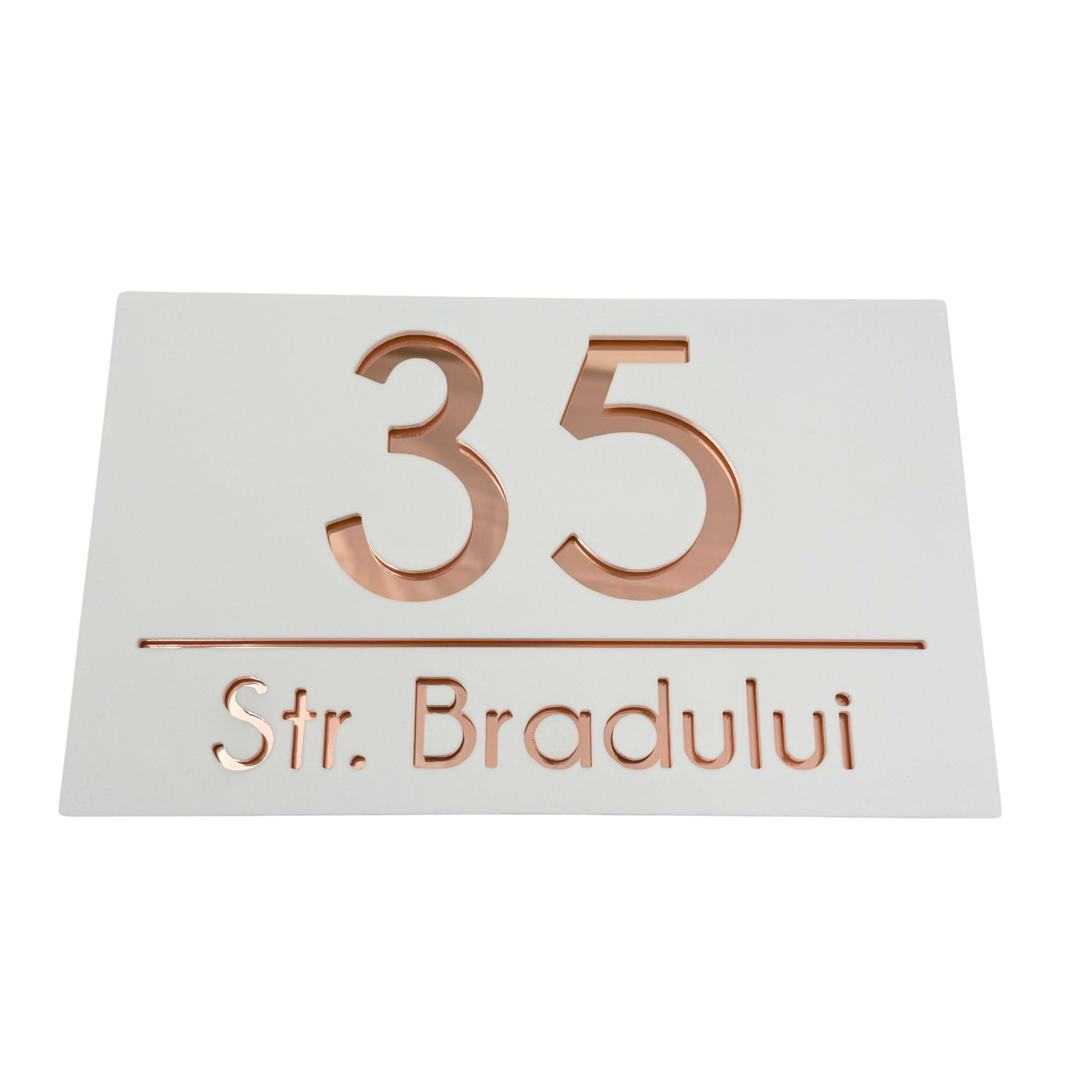 PREMIUM HOUSE NUMBER - White Satin Rose Gold Mirror - 24×15 cm