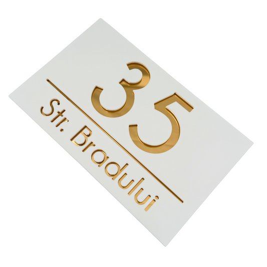 PREMIUM HOUSE NUMBER - White Satin Gold Mirror - 24×15 cm