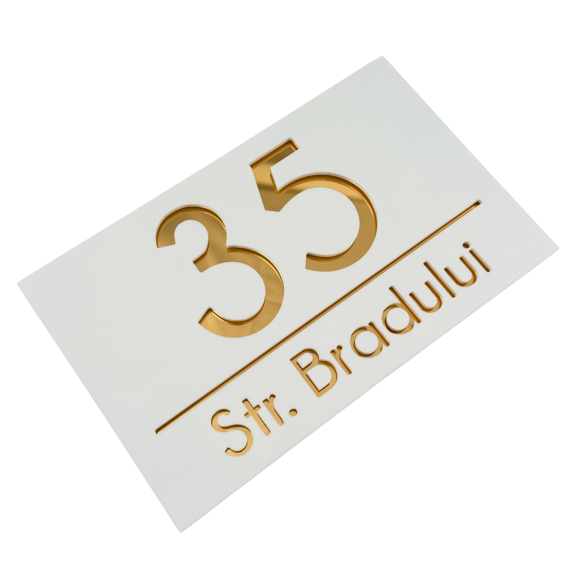 PREMIUM HOUSE NUMBER - White Satin Gold Mirror - 24×15 cm