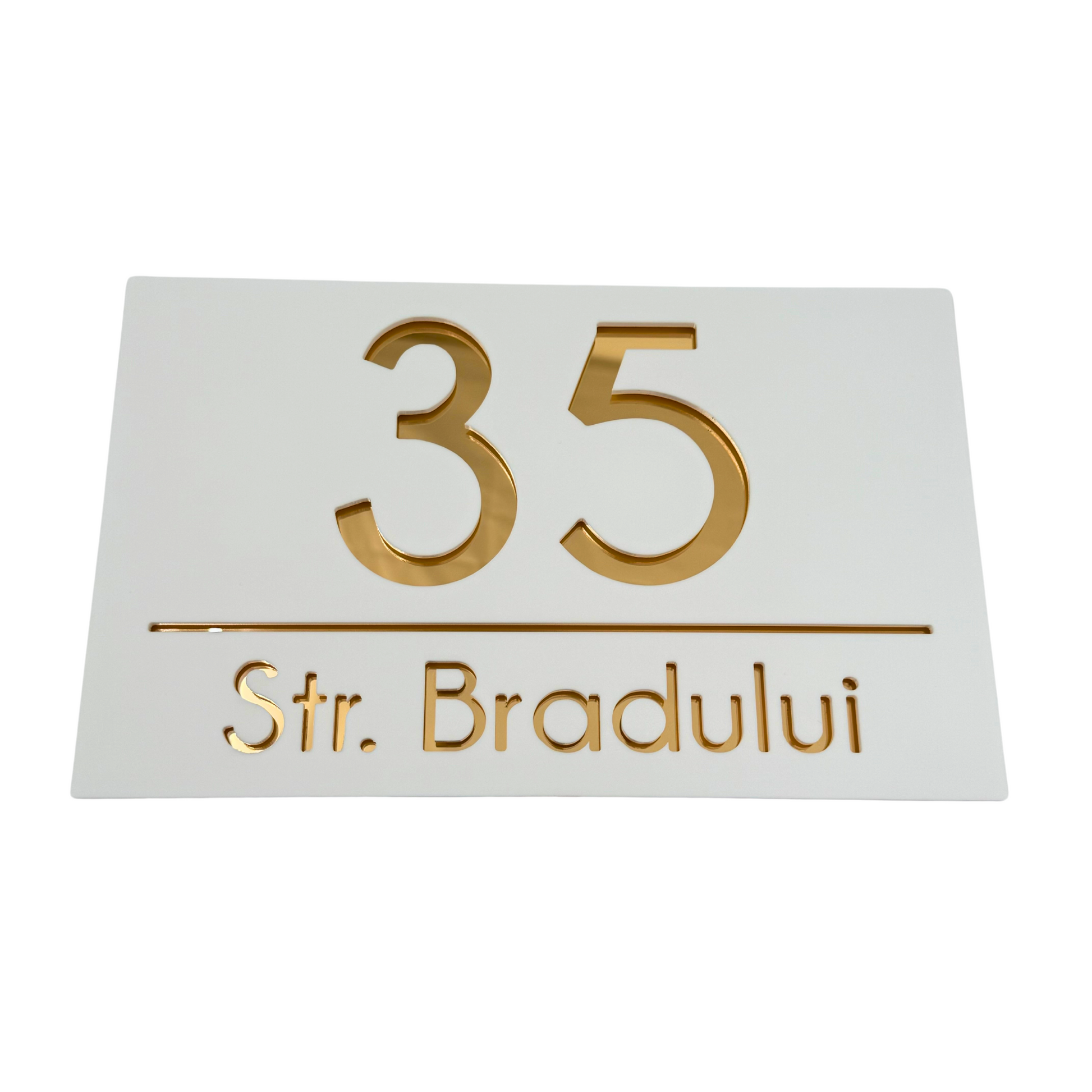PREMIUM HOUSE NUMBER - White Satin Gold Mirror - 24×15 cm