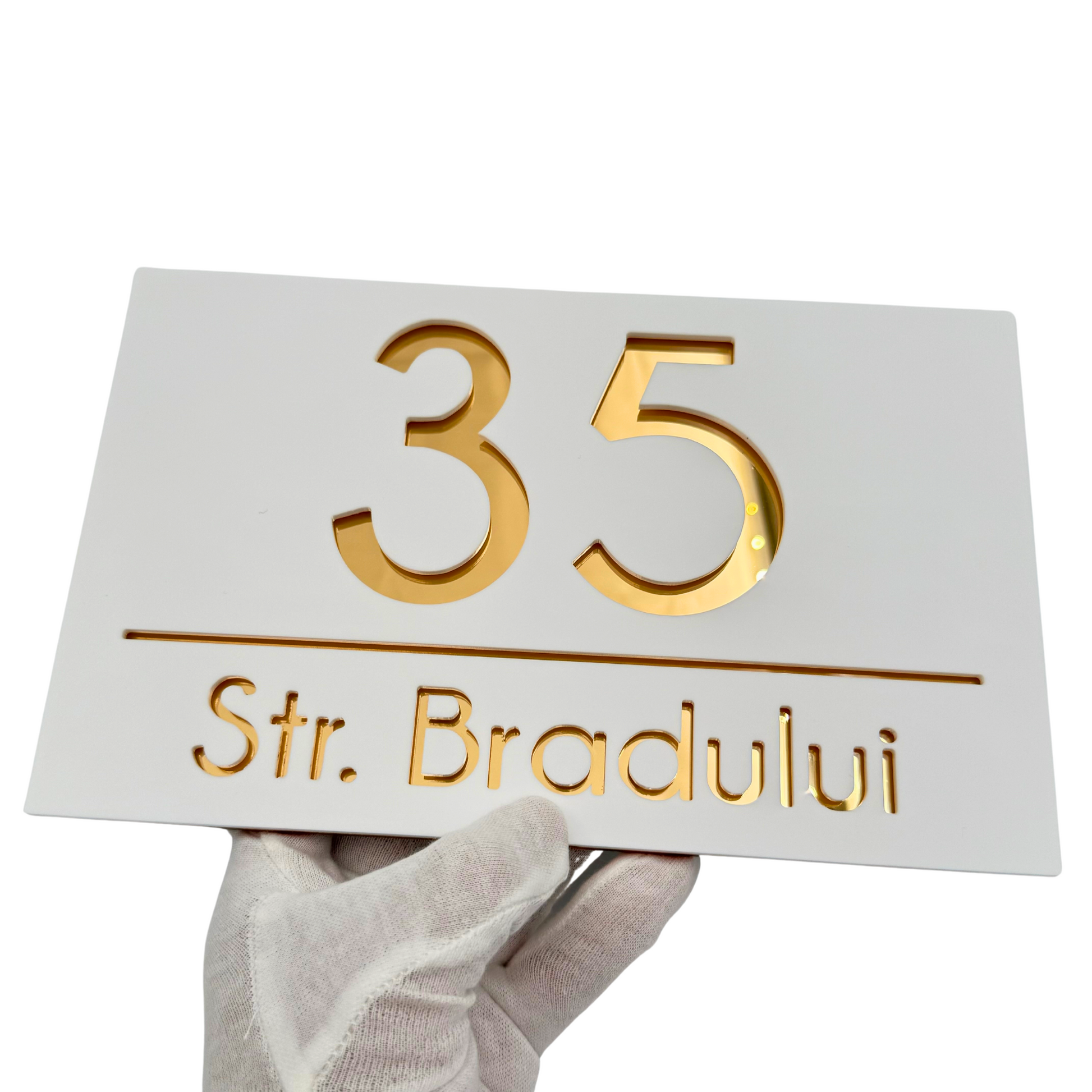 PREMIUM HOUSE NUMBER - White Satin Gold Mirror - 24×15 cm