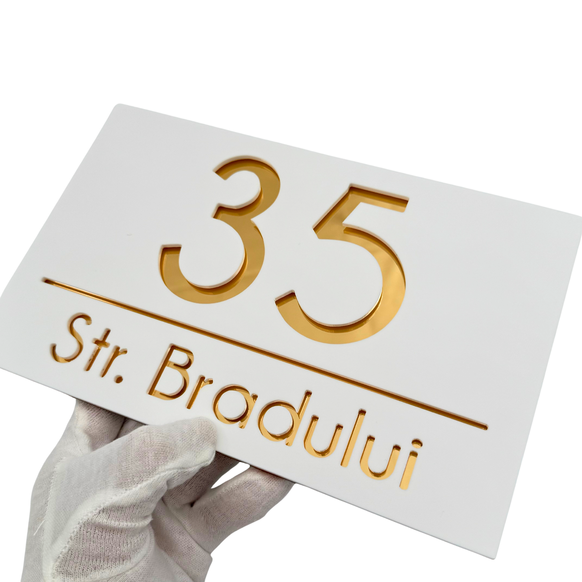 PREMIUM HOUSE NUMBER - White Satin Gold Mirror - 24×15 cm