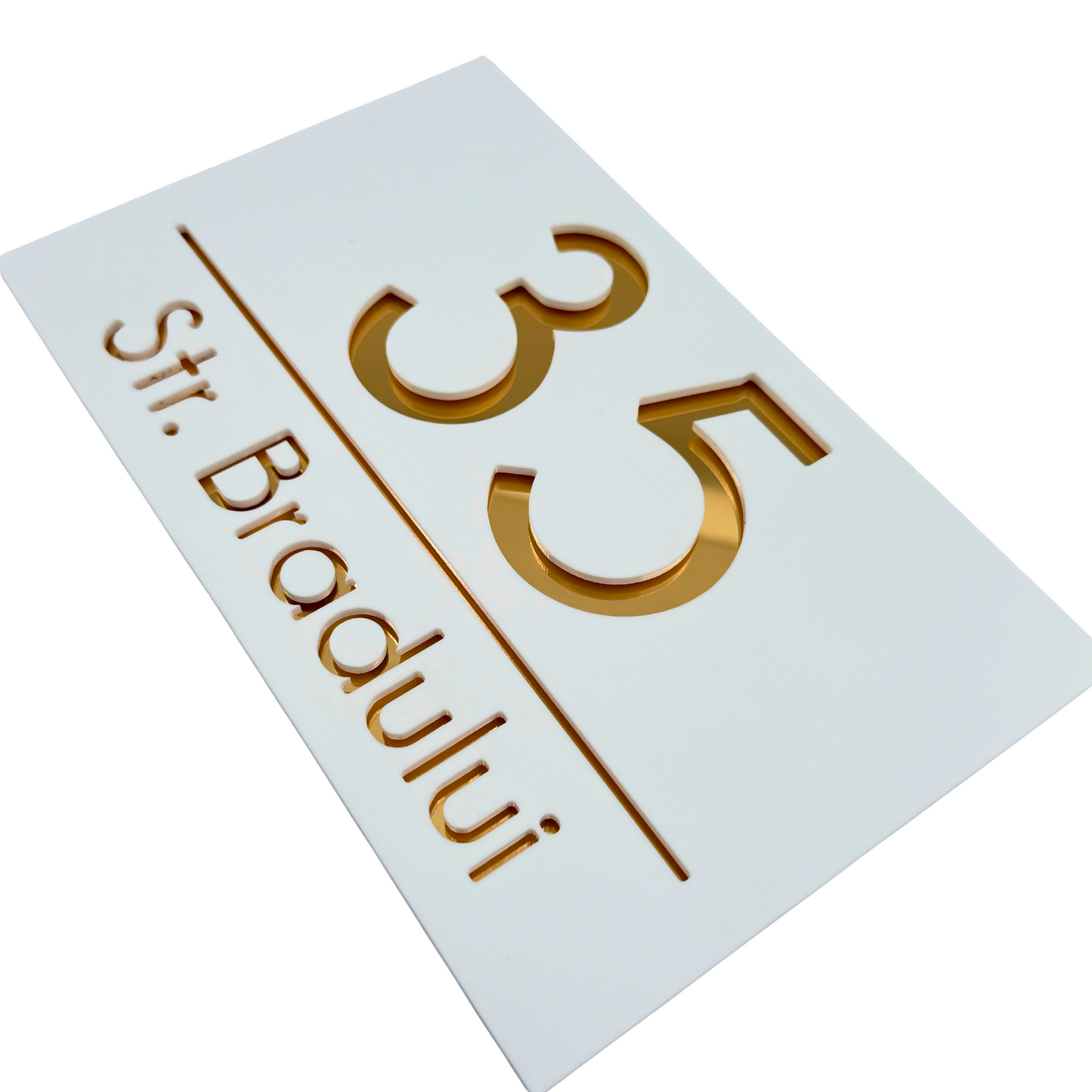 PREMIUM HOUSE NUMBER - White Satin Gold Mirror - 24×15 cm