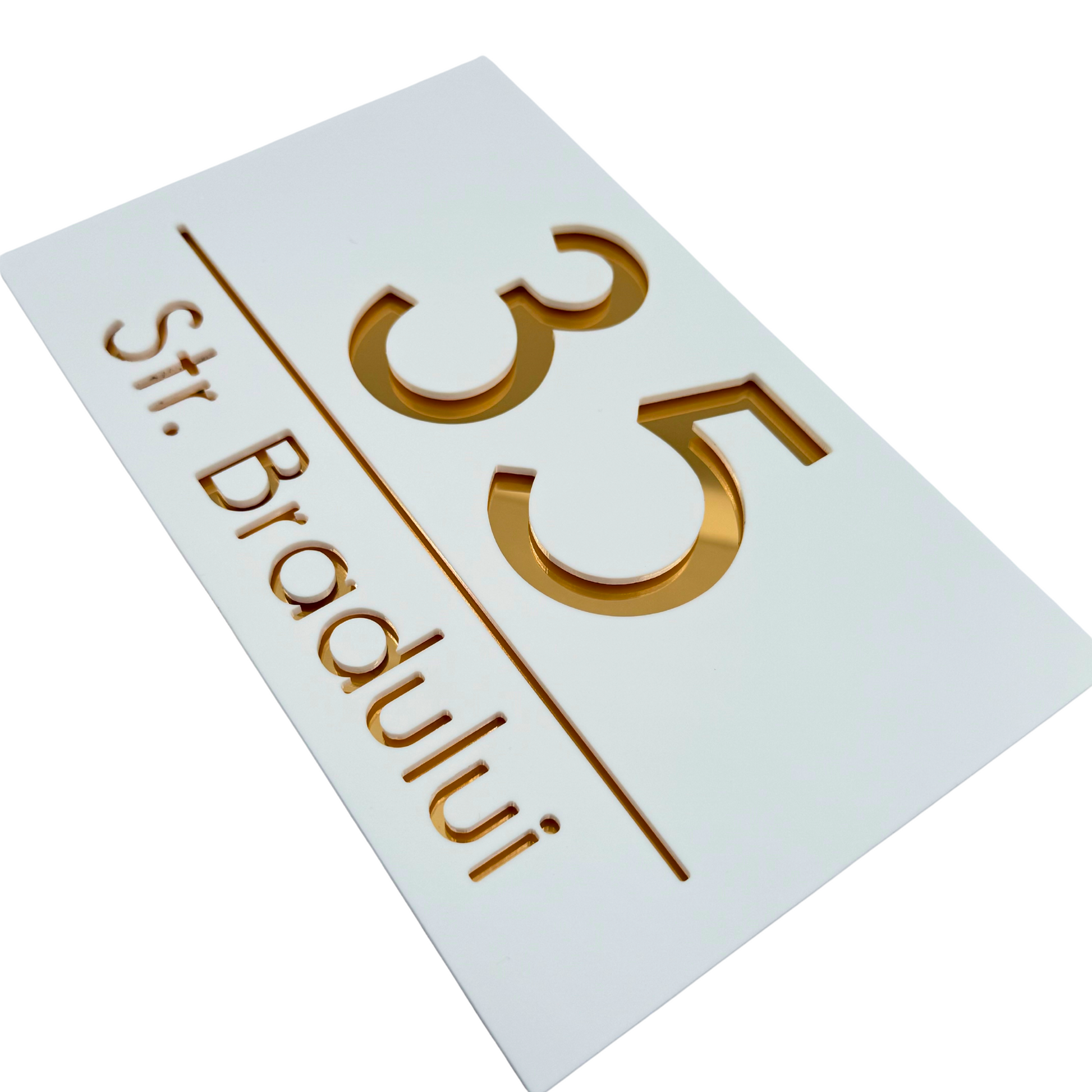 PREMIUM HOUSE NUMBER - White Satin Gold Mirror - 24×15 cm