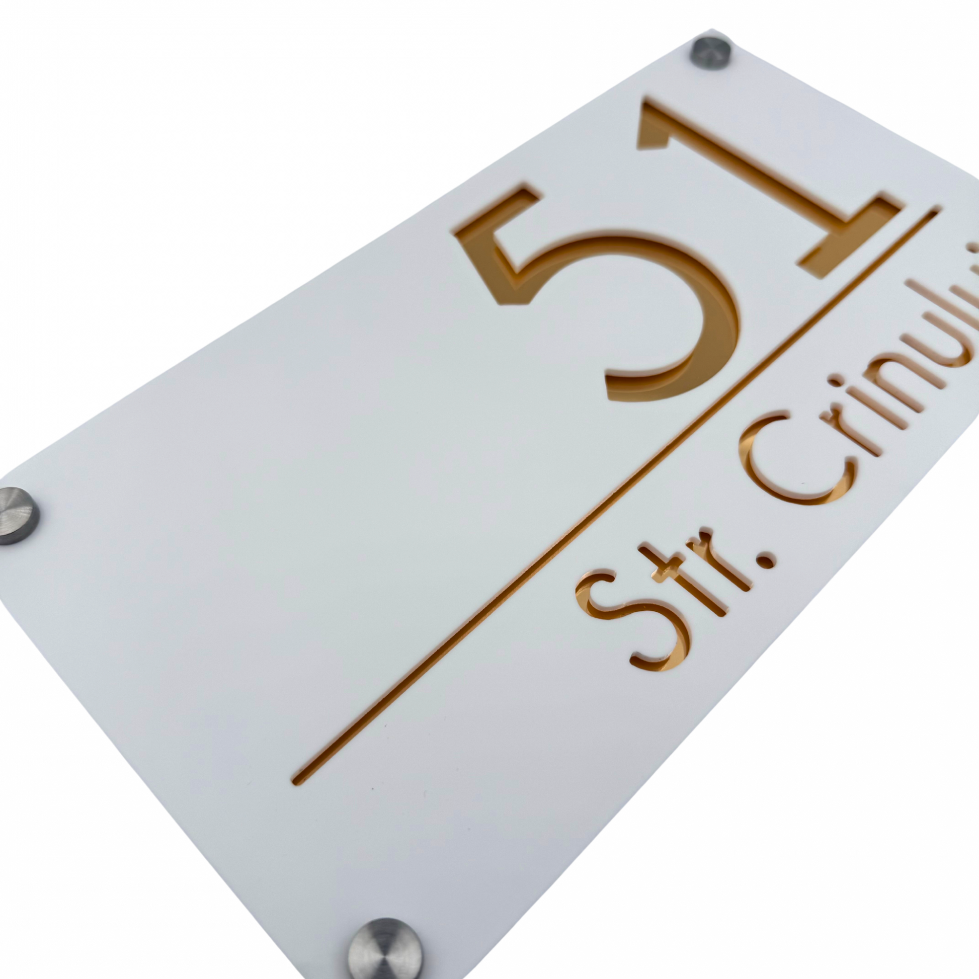 PREMIUM HOUSE NUMBER - White Satin Gold Mirror 4 Spacers Silver - 28×15 cm