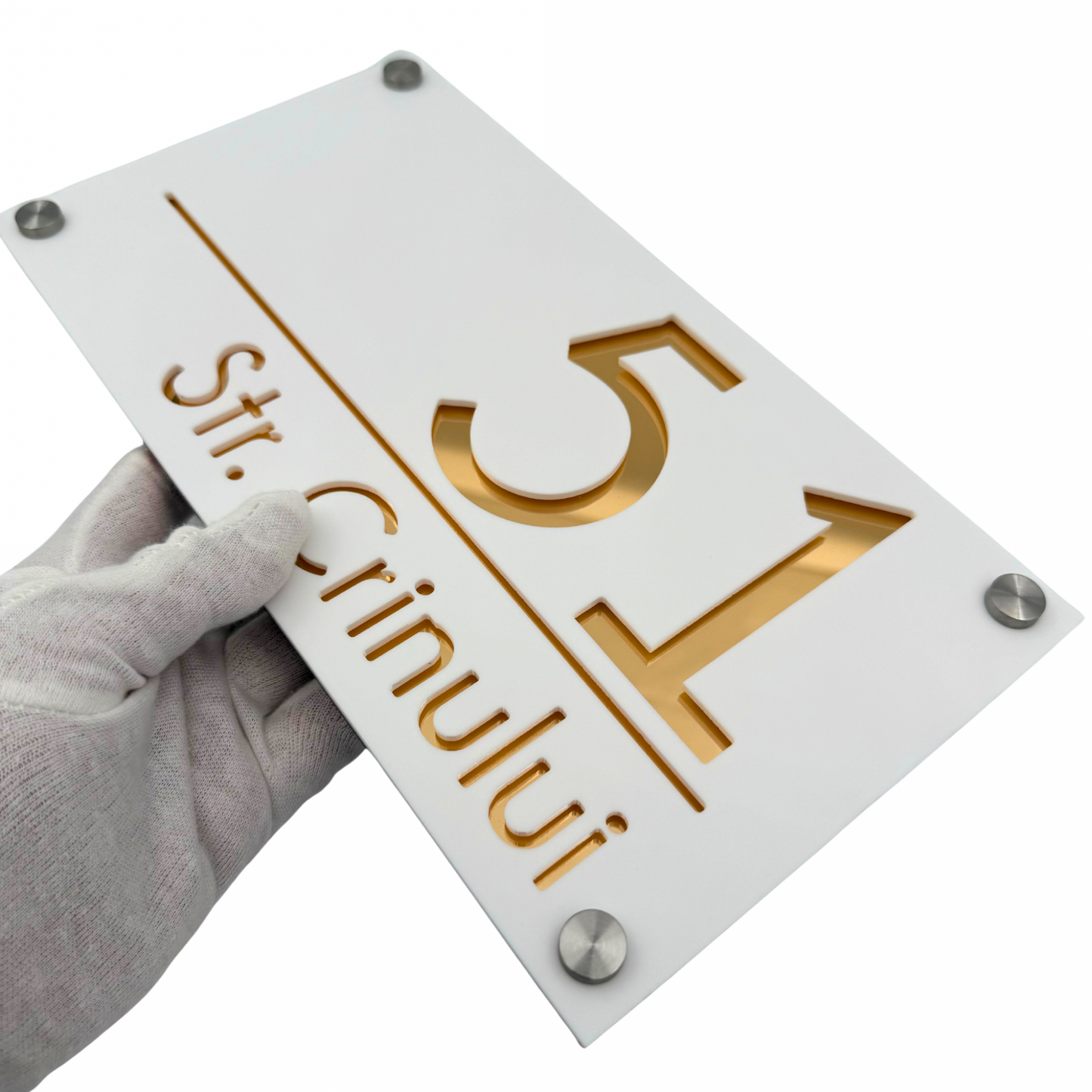 PREMIUM HOUSE NUMBER - White Satin Gold Mirror 4 Spacers Silver - 28×15 cm