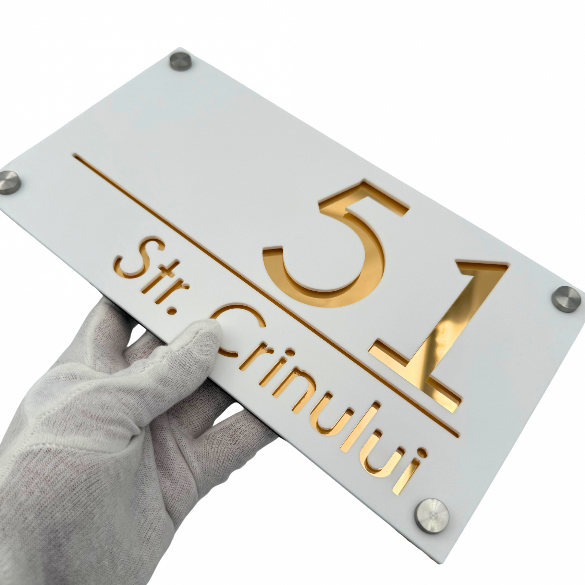PREMIUM HOUSE NUMBER - White Satin Gold Mirror 4 Spacers Silver - 28×15 cm