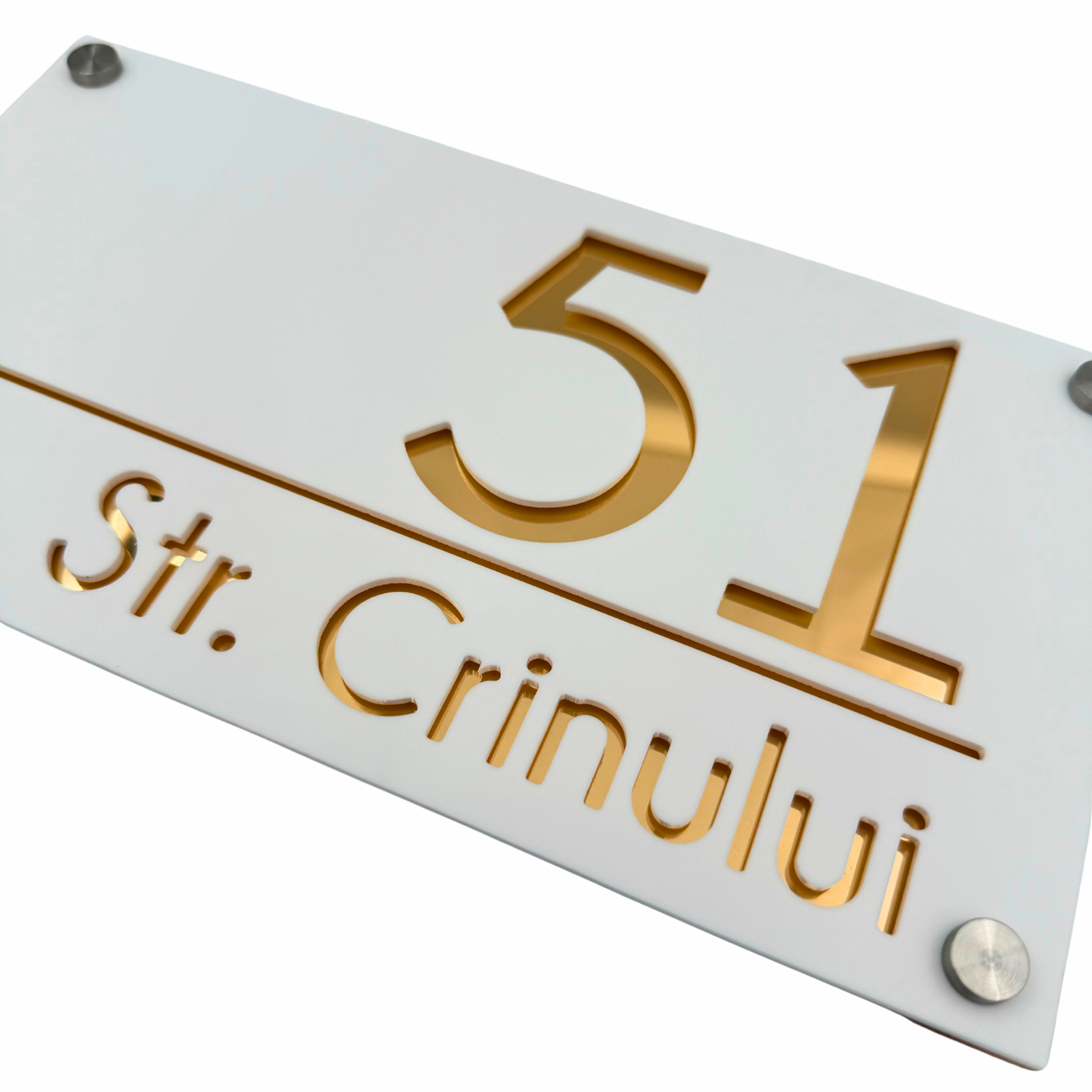 PREMIUM HOUSE NUMBER - White Satin Gold Mirror 4 Spacers Silver - 28×15 cm