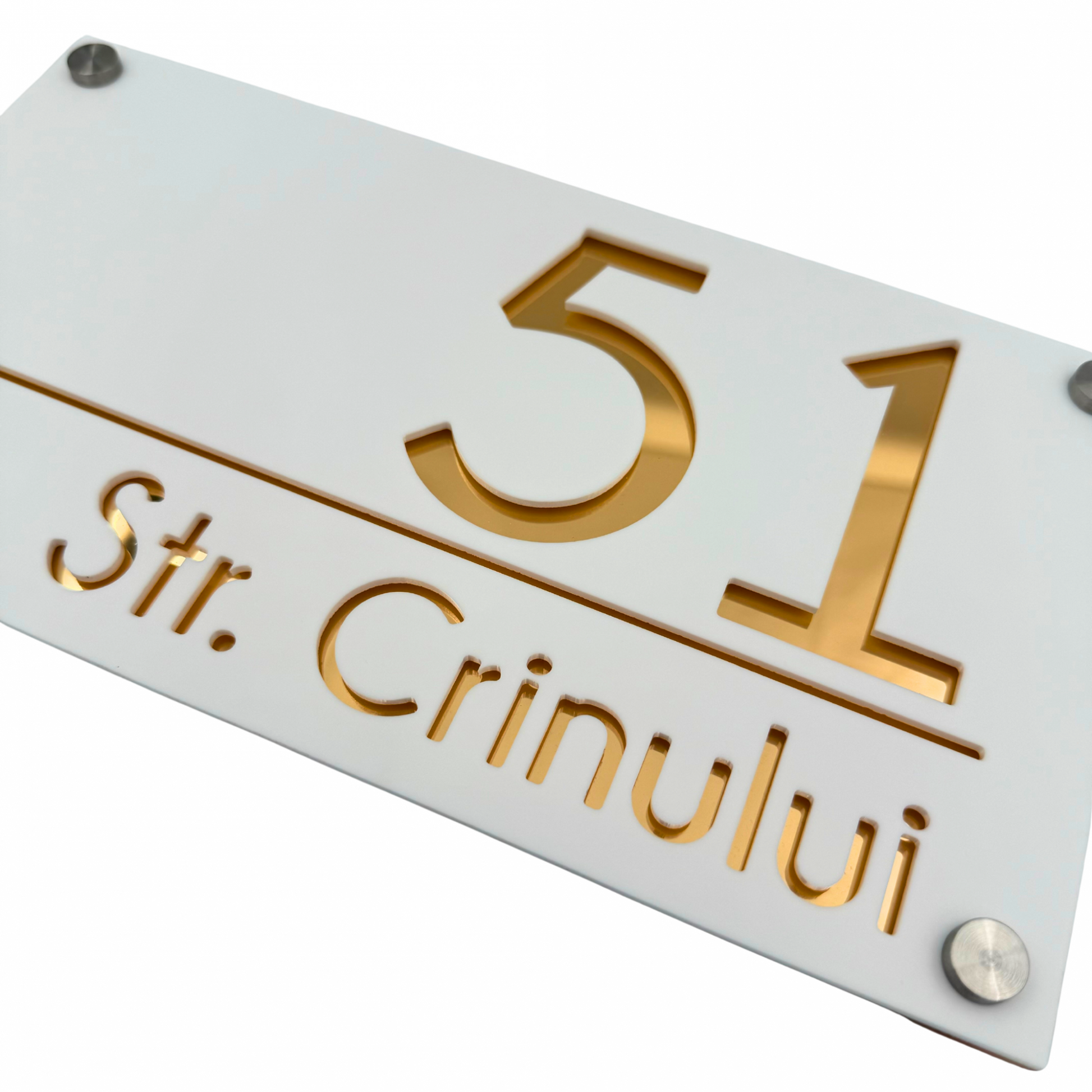 PREMIUM HOUSE NUMBER - White Satin Gold Mirror 4 Spacers Silver - 28×15 cm