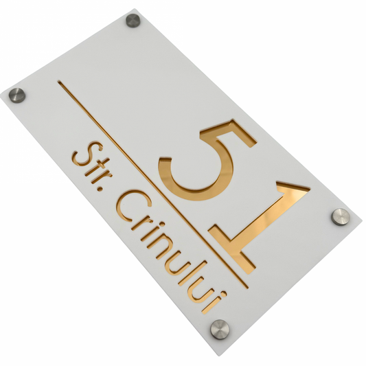 PREMIUM HOUSE NUMBER - White Satin Gold Mirror 4 Spacers Silver - 28×15 cm