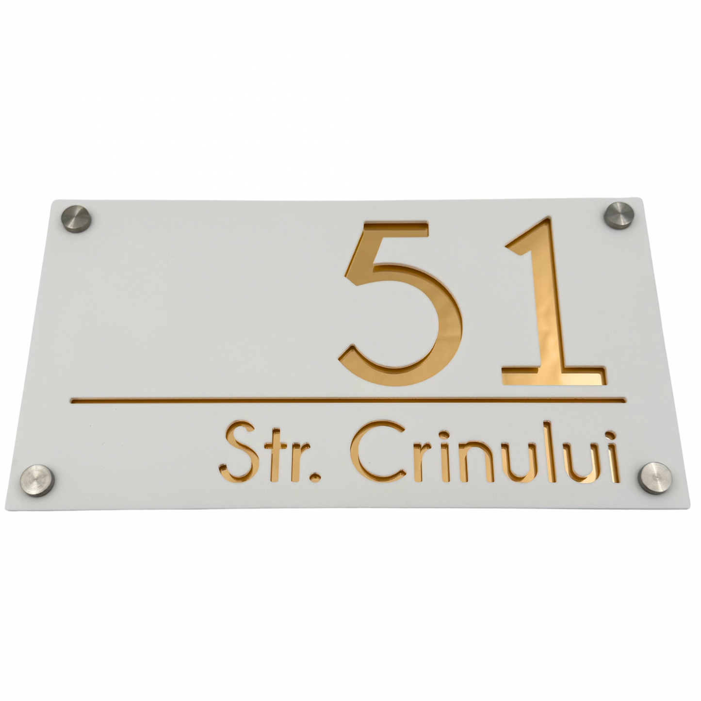 PREMIUM HOUSE NUMBER - White Satin Gold Mirror 4 Spacers Silver - 28×15 cm