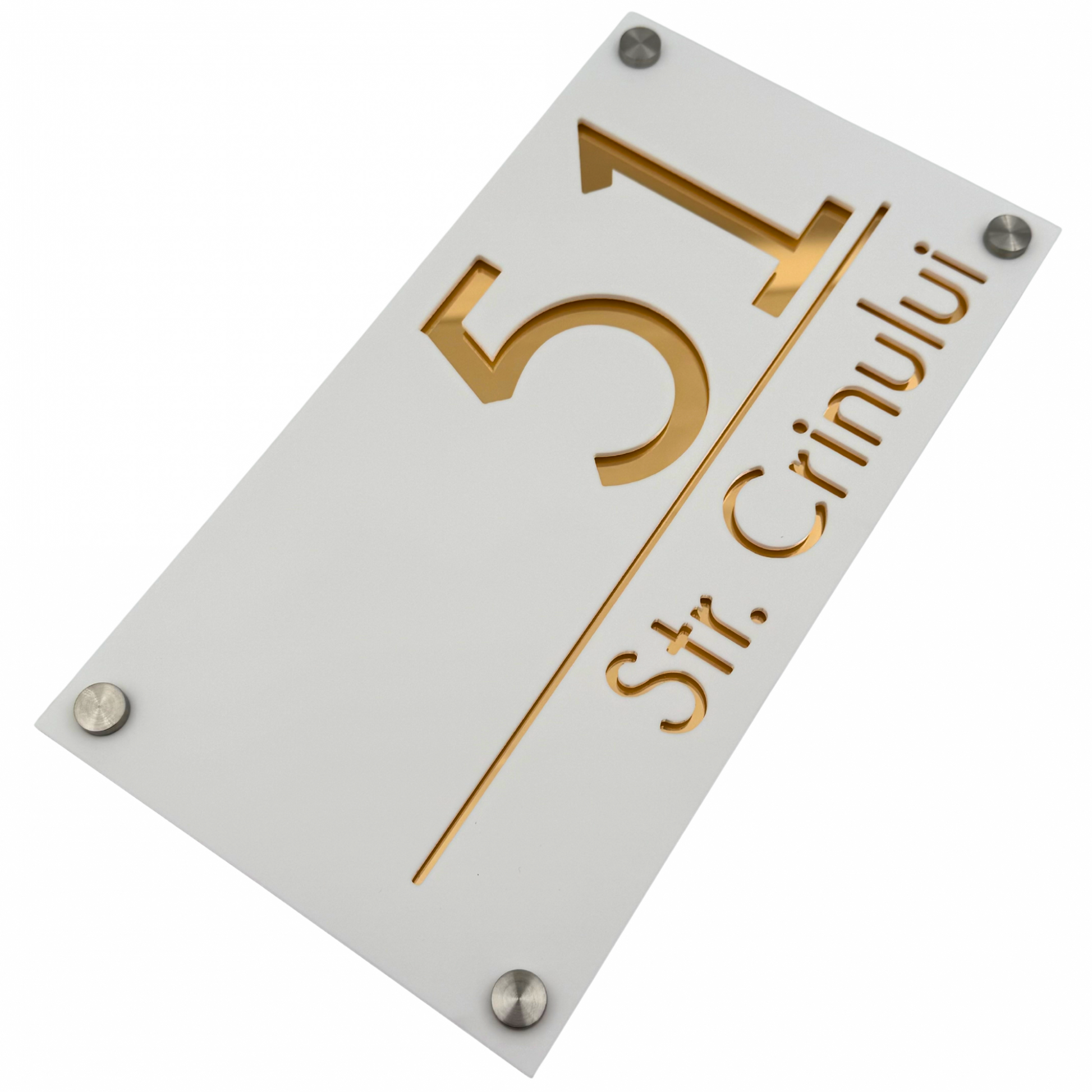 PREMIUM HOUSE NUMBER - White Satin Gold Mirror 4 Spacers Silver - 28×15 cm