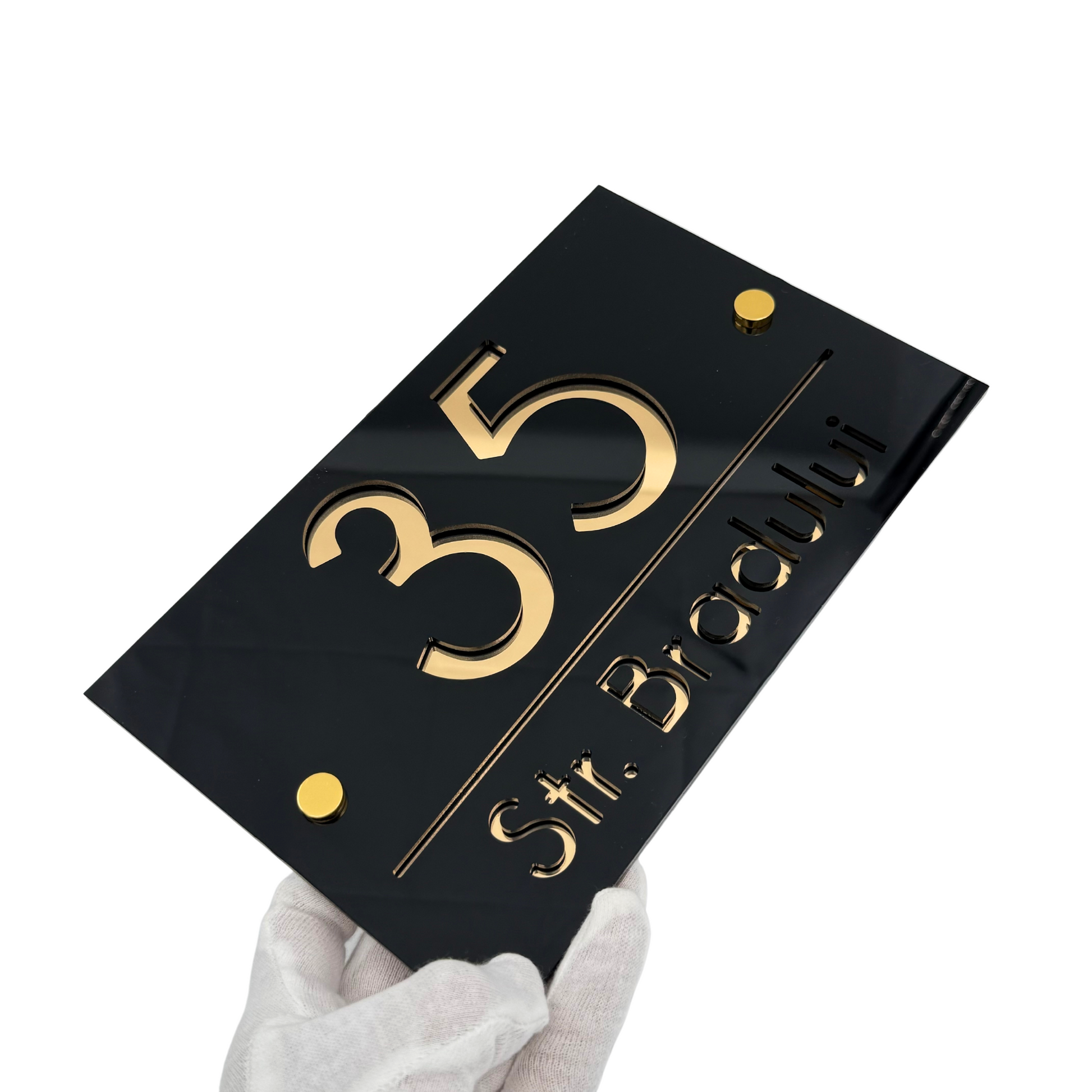 PREMIUM HOUSE NUMBER - Glossy Black Gold Mirror 2 Spacers Gold - 24×15 cm