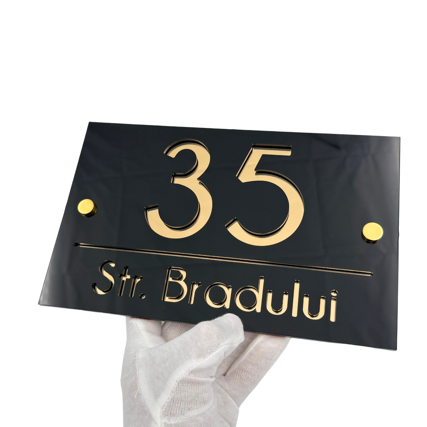 PREMIUM HOUSE NUMBER - Glossy Black Gold Mirror 2 Spacers Gold - 24×15 cm