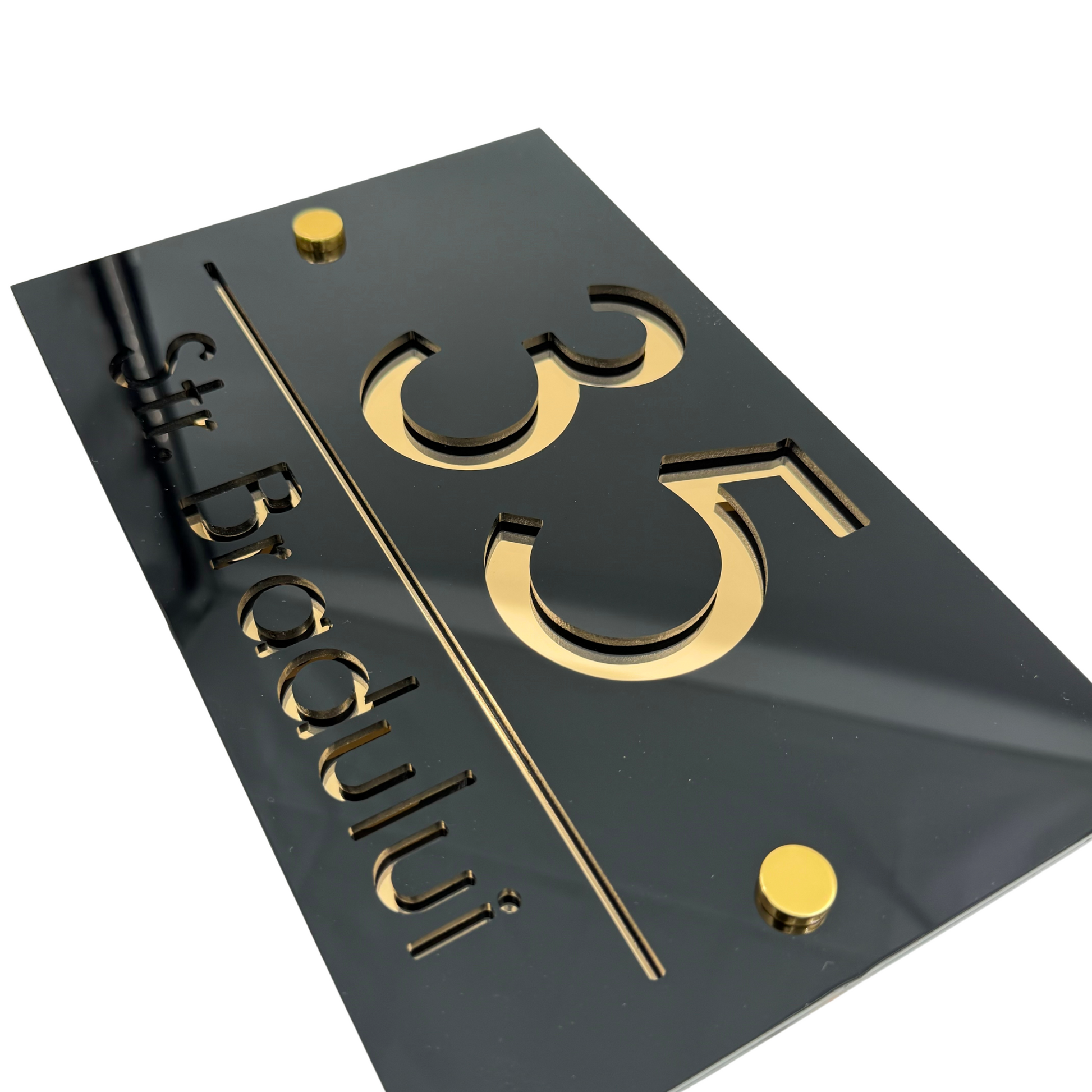 PREMIUM HOUSE NUMBER - Glossy Black Gold Mirror 2 Spacers Gold - 24×15 cm