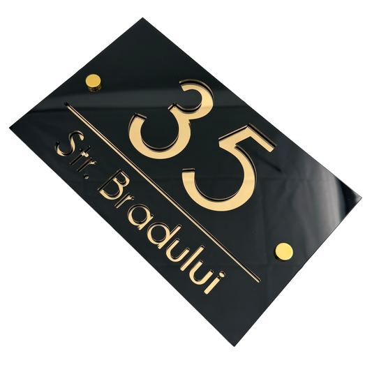 PREMIUM HOUSE NUMBER - Glossy Black Gold Mirror 2 Spacers Gold - 24×15 cm