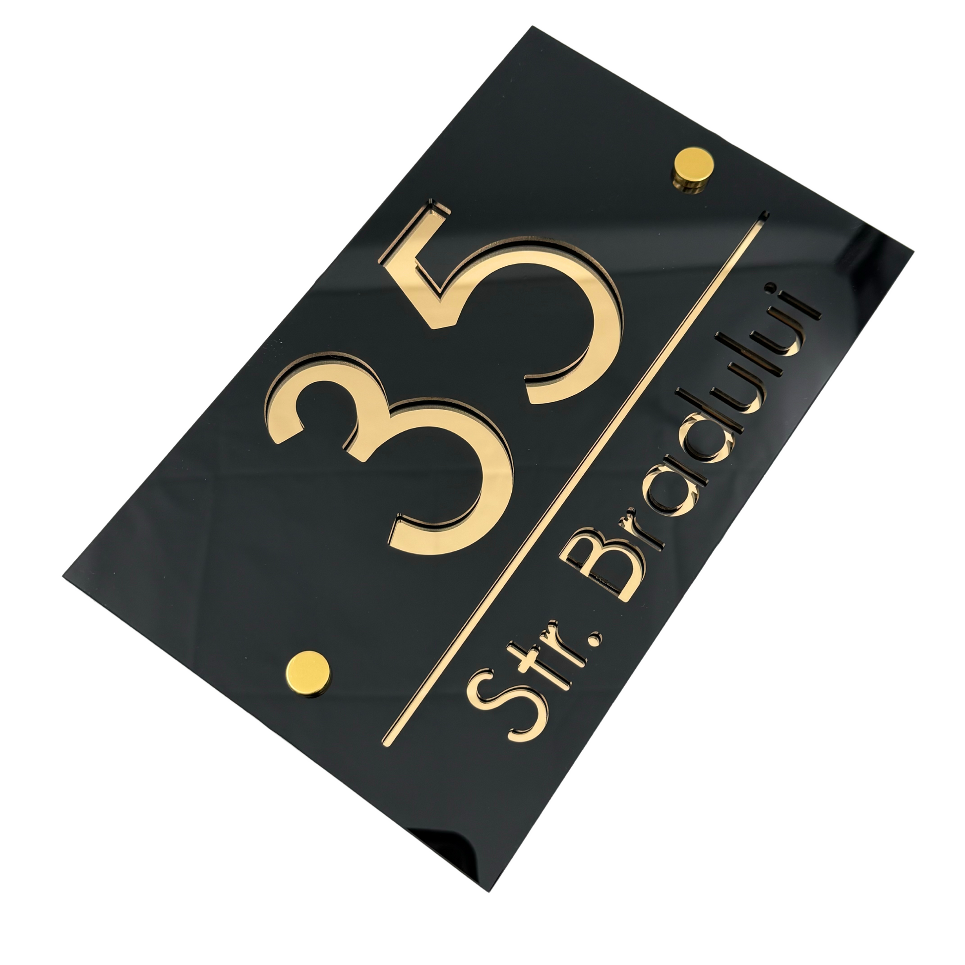 PREMIUM HOUSE NUMBER - Glossy Black Gold Mirror 2 Spacers Gold - 24×15 cm