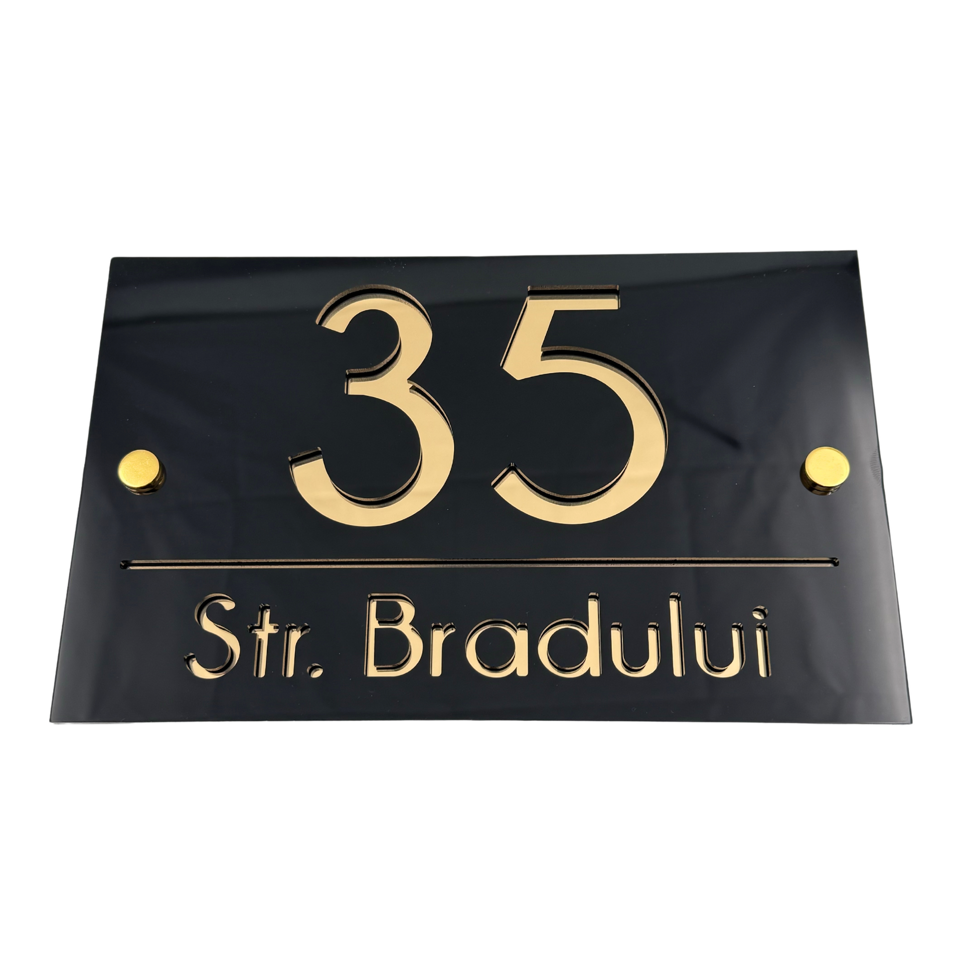 PREMIUM HOUSE NUMBER - Glossy Black Gold Mirror 2 Spacers Gold - 24×15 cm
