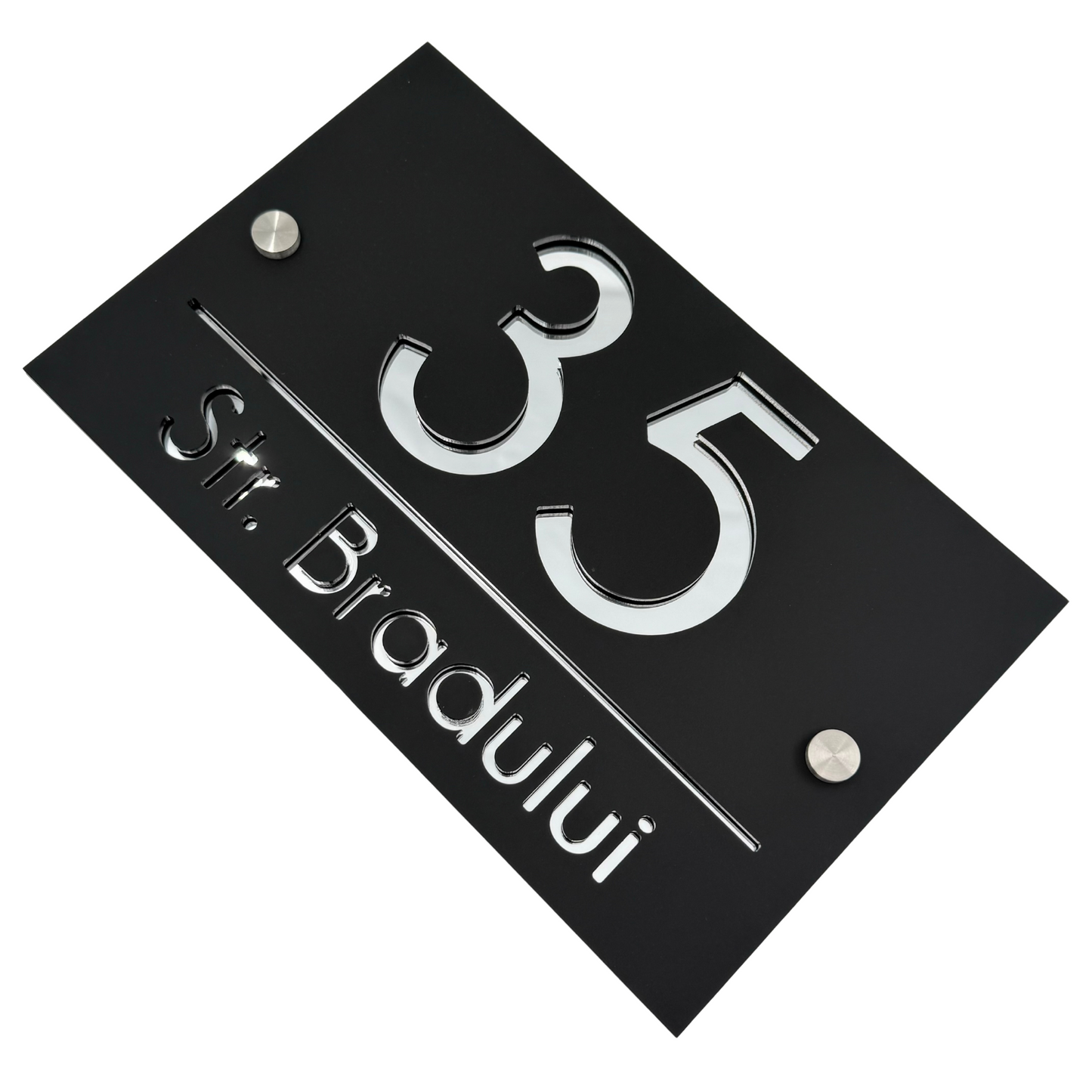 PREMIUM HOUSE NUMBER - Satin Black Silver Mirror 2 Spacers Silver - 24×15 cm