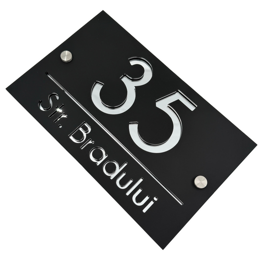 PREMIUM HOUSE NUMBER - Satin Black Silver Mirror 2 Spacers Silver - 24×15 cm