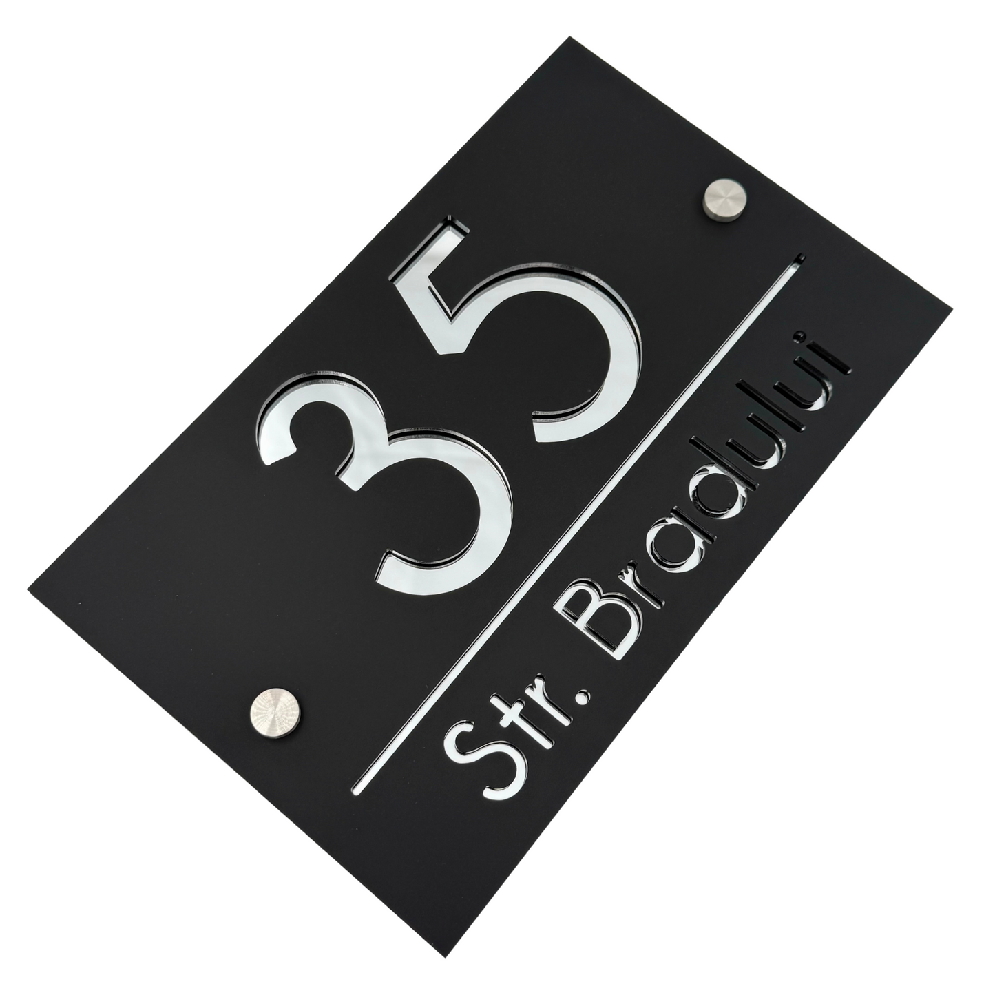 PREMIUM HOUSE NUMBER - Satin Black Silver Mirror 2 Spacers Silver - 24×15 cm