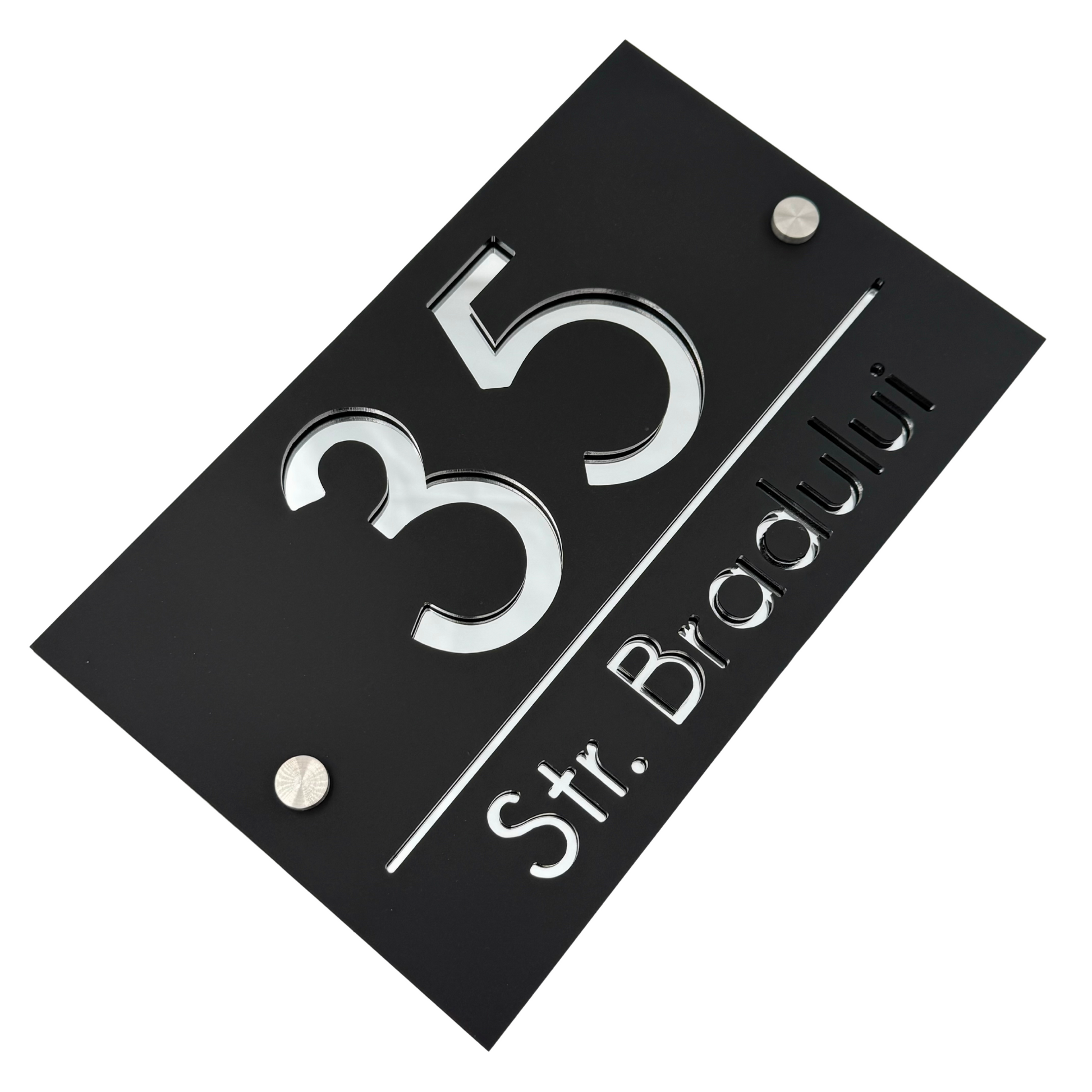 PREMIUM HOUSE NUMBER - Satin Black Silver Mirror 2 Spacers Silver - 24×15 cm