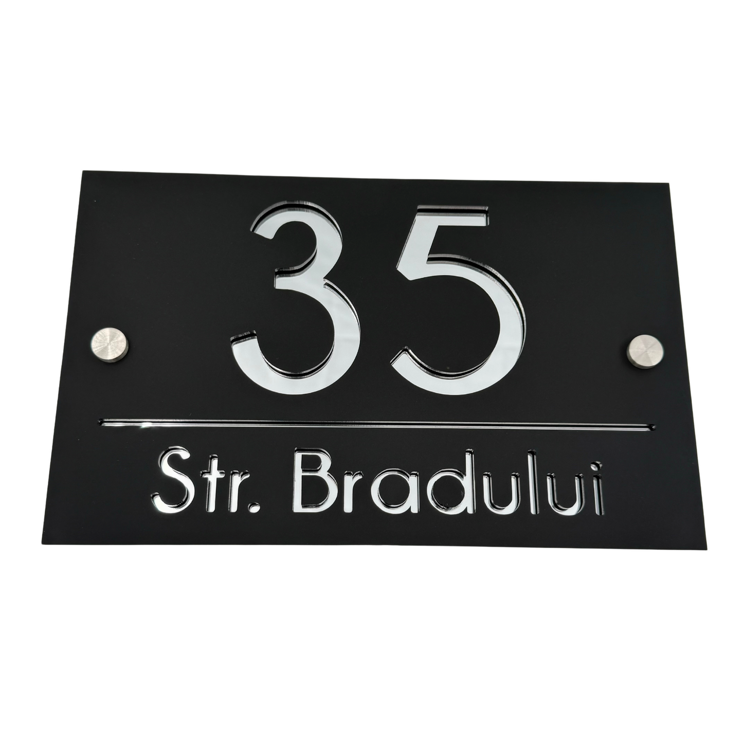 PREMIUM HOUSE NUMBER - Satin Black Silver Mirror 2 Spacers Silver - 24×15 cm
