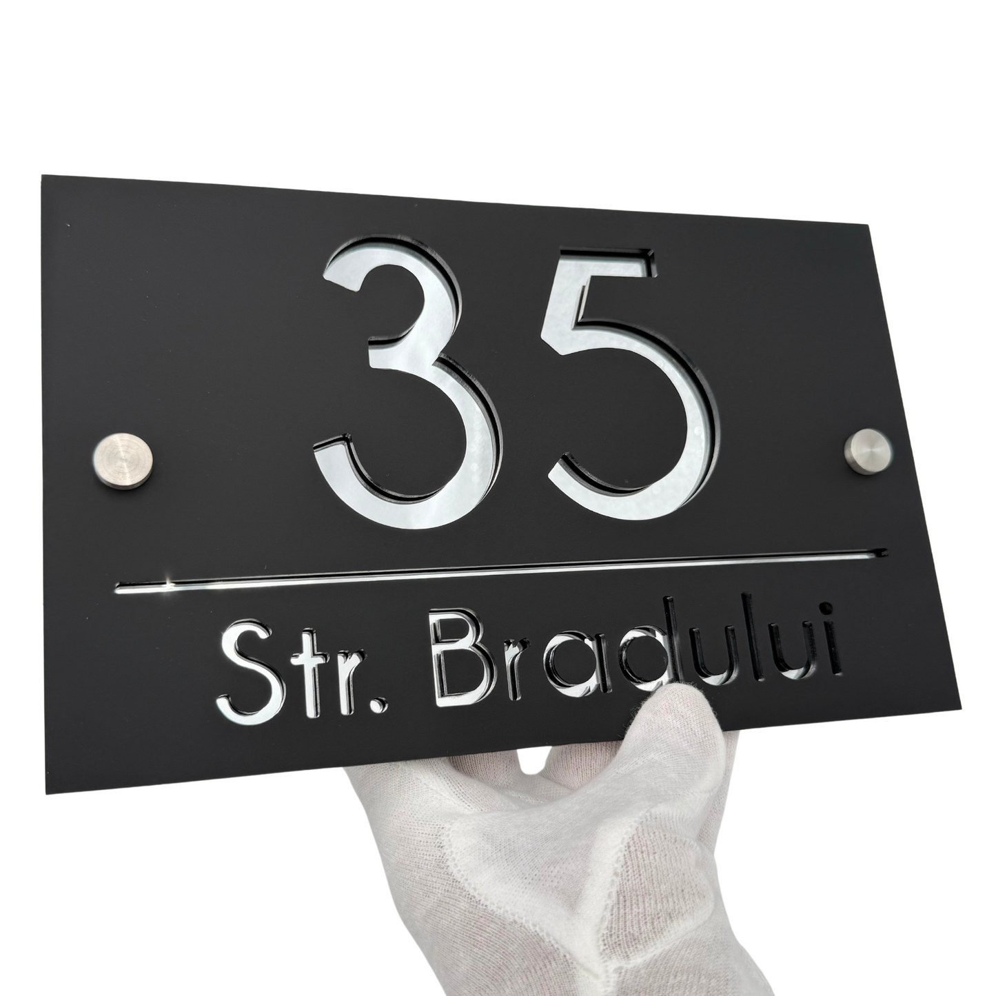 PREMIUM HOUSE NUMBER - Satin Black Silver Mirror 2 Spacers Silver - 24×15 cm