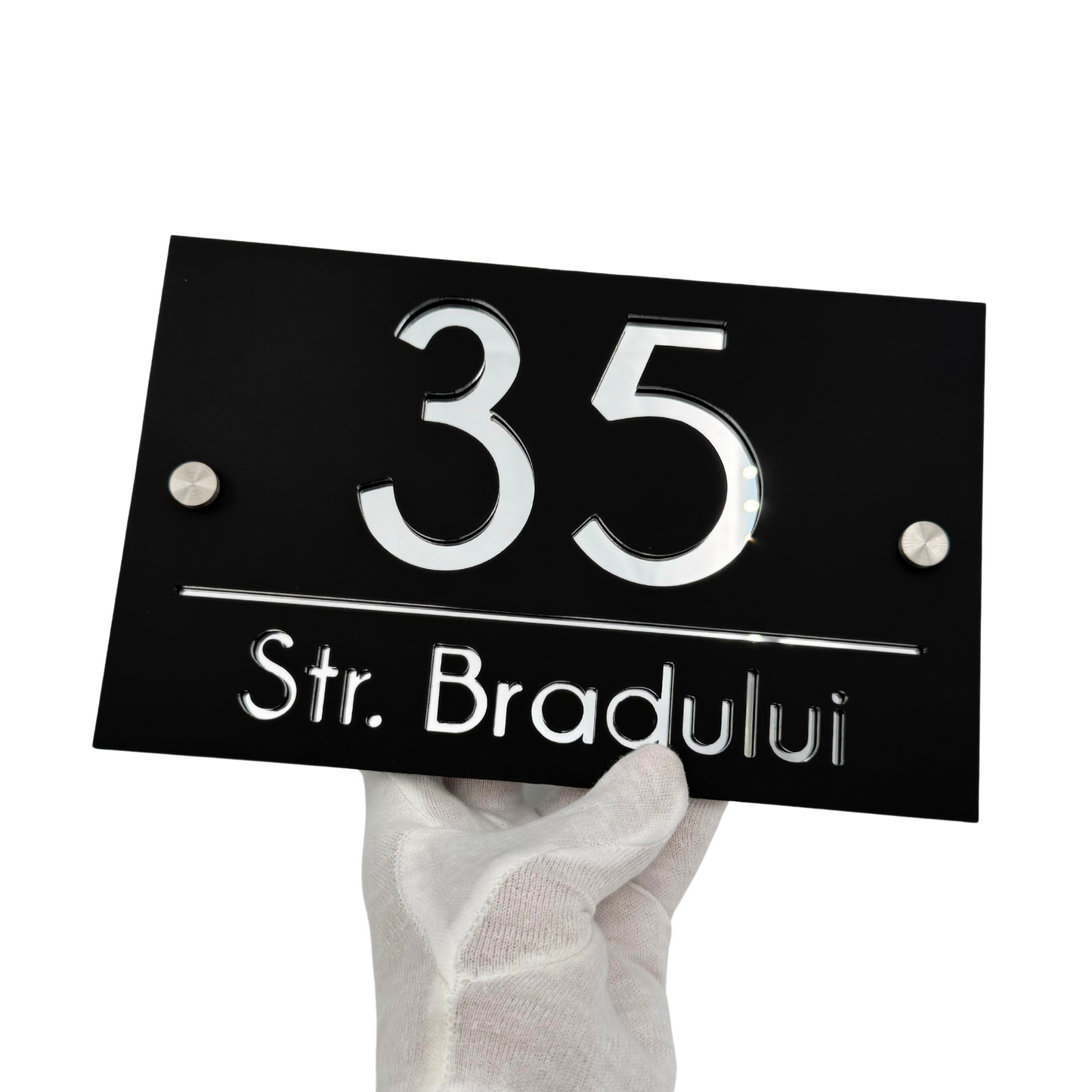 PREMIUM HOUSE NUMBER - Satin Black Silver Mirror 2 Spacers Silver - 24×15 cm