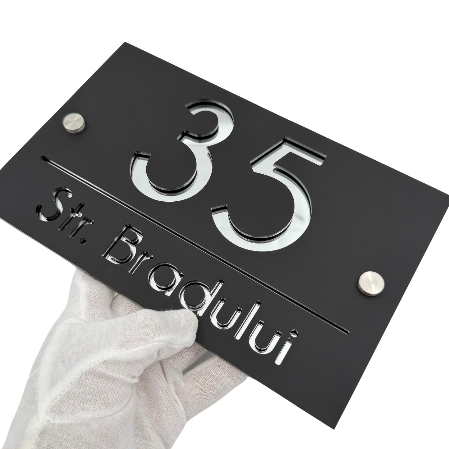 PREMIUM HOUSE NUMBER - Satin Black Silver Mirror 2 Spacers Silver - 24×15 cm
