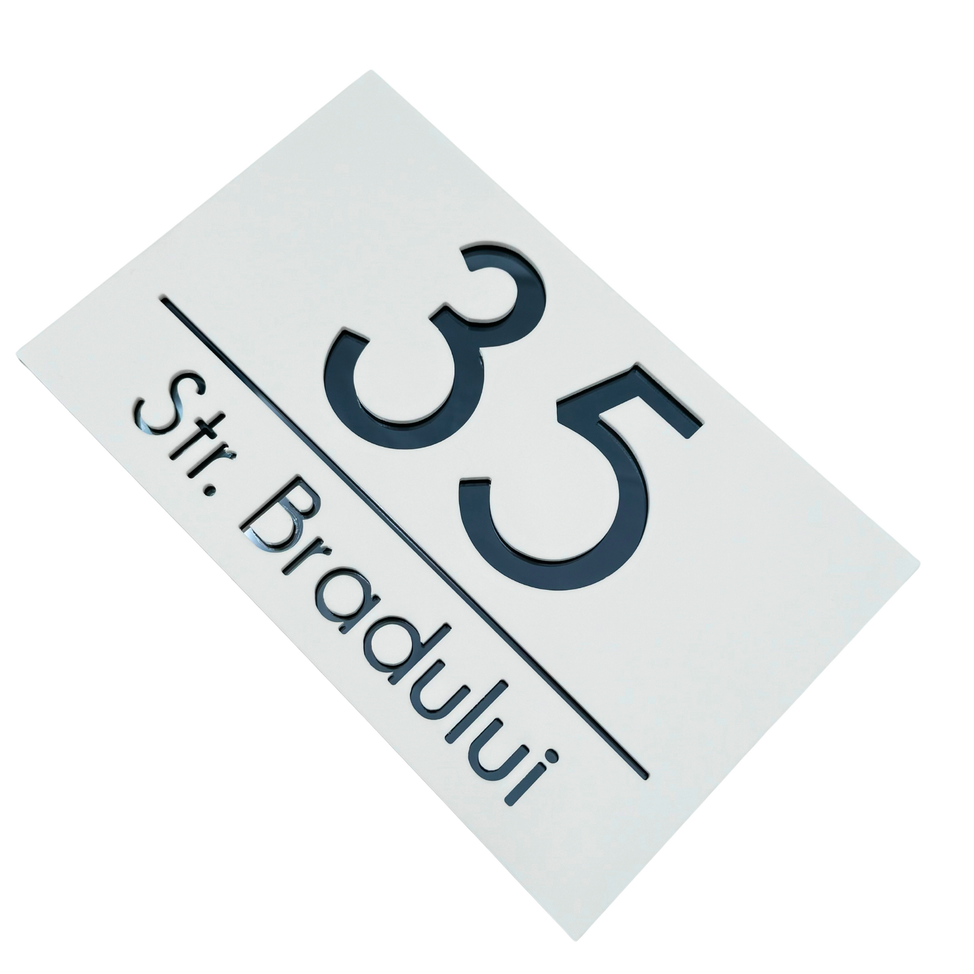 PREMIUM HOUSE NUMBER - White Satin Anthracite Grey Mirror - 24×15 cm