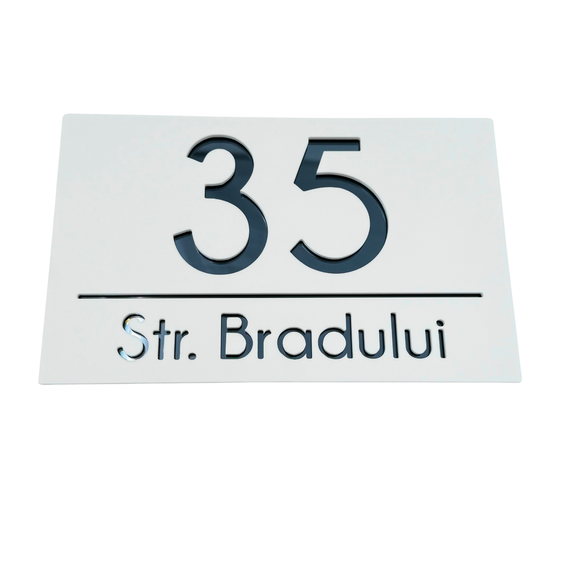 PREMIUM HOUSE NUMBER - White Satin Anthracite Grey Mirror - 24×15 cm