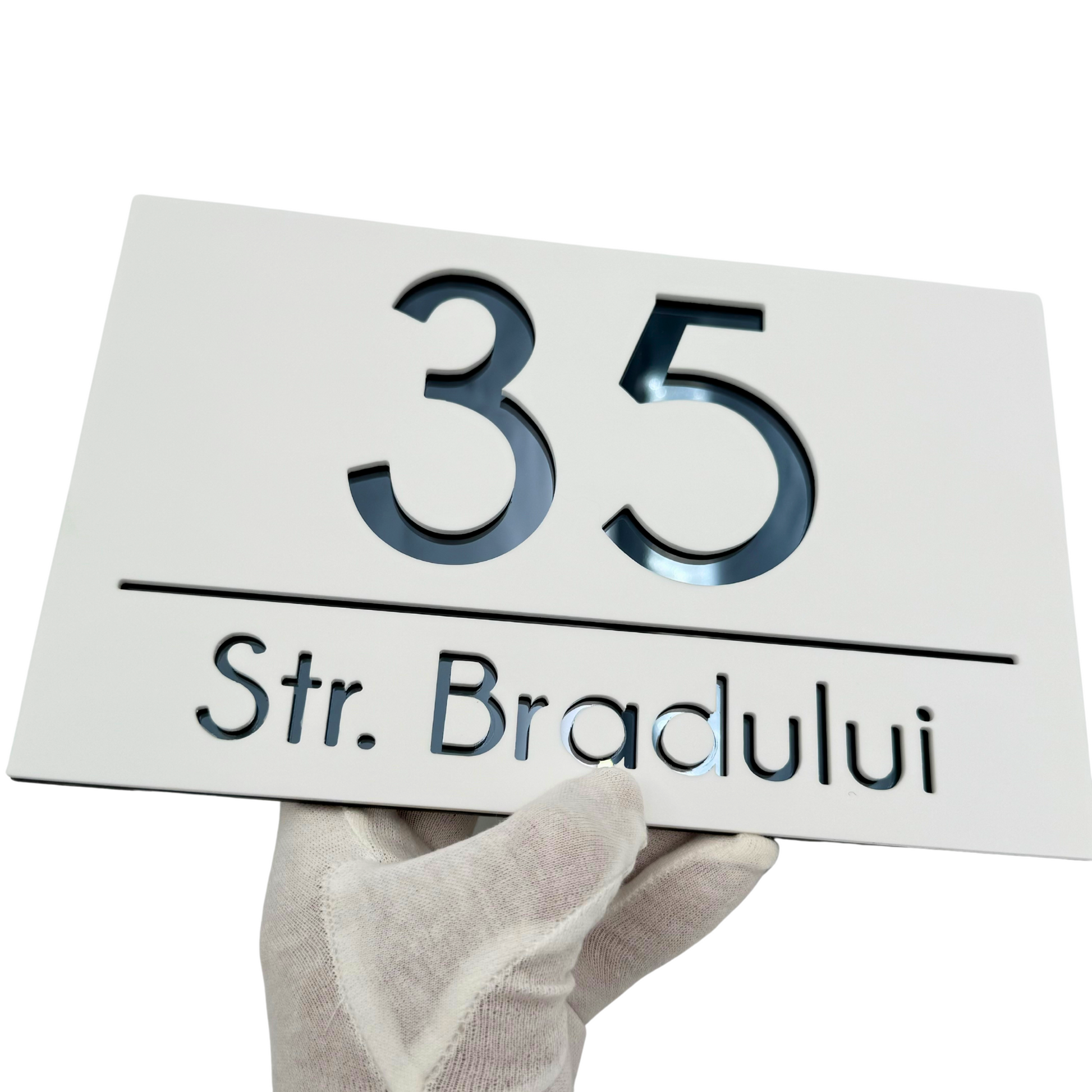 PREMIUM HOUSE NUMBER - White Satin Anthracite Grey Mirror - 24×15 cm