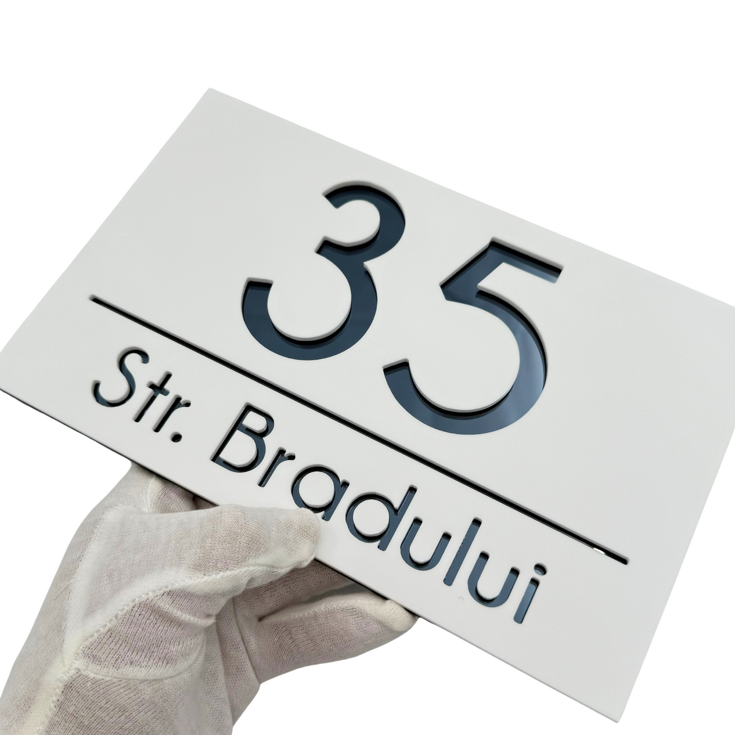 PREMIUM HOUSE NUMBER - White Satin Anthracite Grey Mirror - 24×15 cm