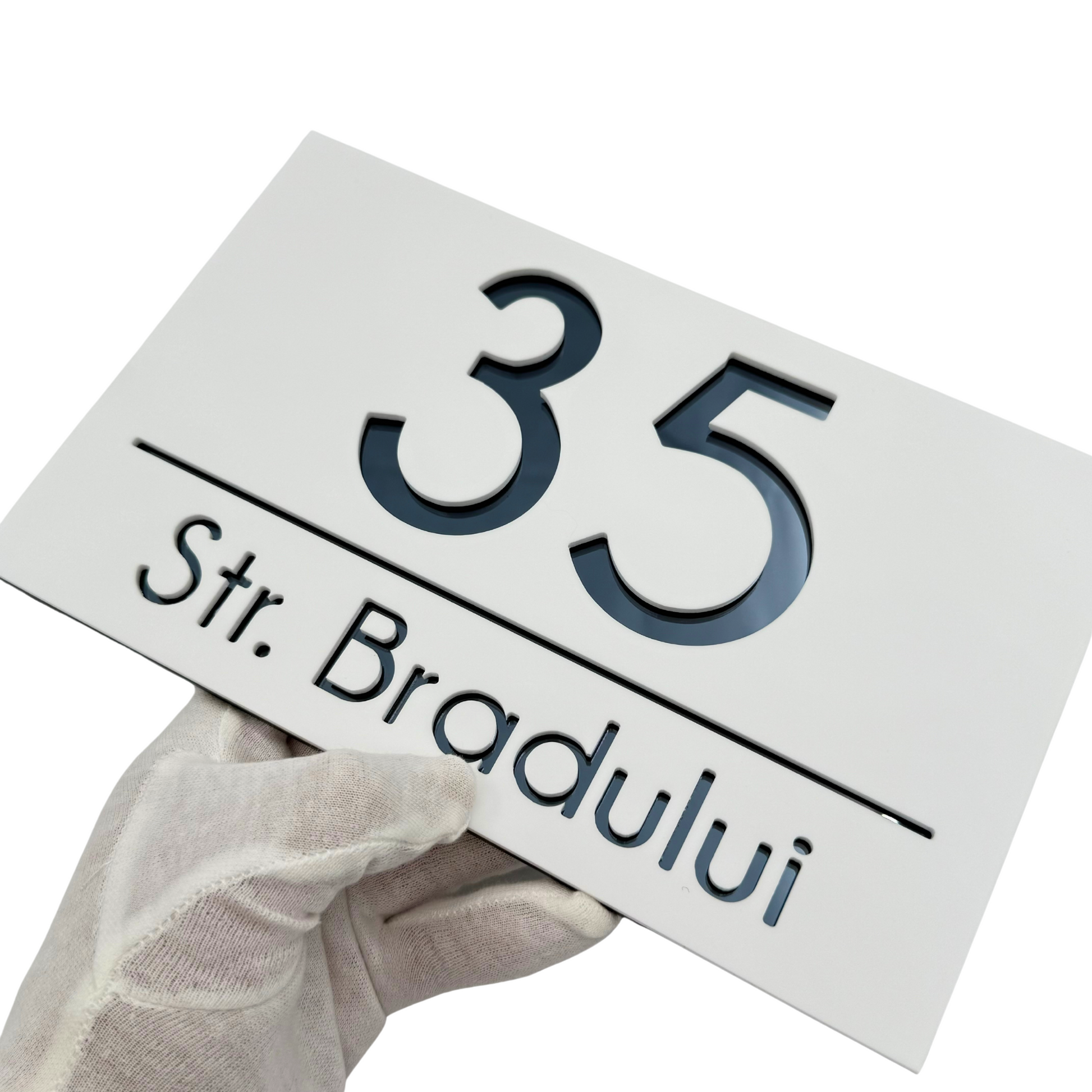 PREMIUM HOUSE NUMBER - White Satin Anthracite Grey Mirror - 24×15 cm