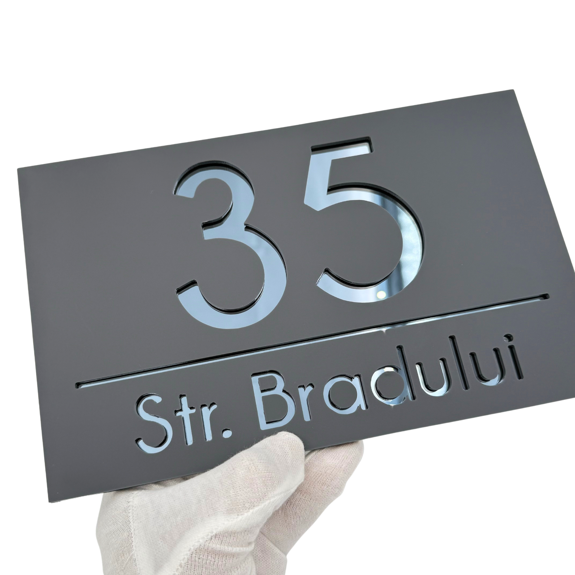 PREMIUM HOUSE NUMBER - Satin Grey Anthracite Grey Mirror - 24×15 cm