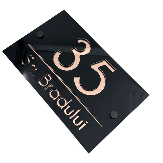 PREMIUM HOUSE NUMBER - Glossy Black Rose Gold Mirror 2 Spacers NeGreyi - 24×15 cm