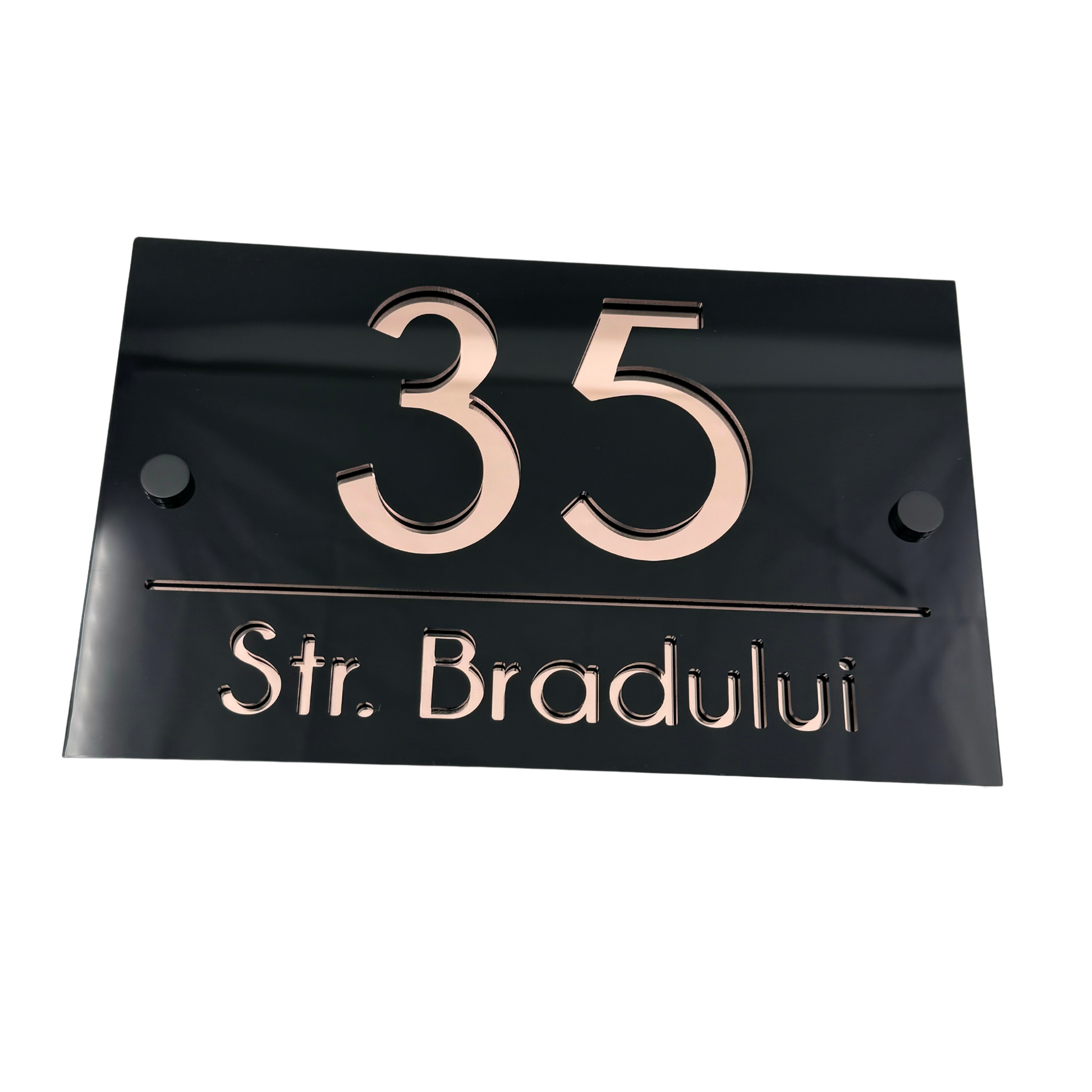 PREMIUM HOUSE NUMBER - Glossy Black Rose Gold Mirror 2 Spacers NeGreyi - 24×15 cm