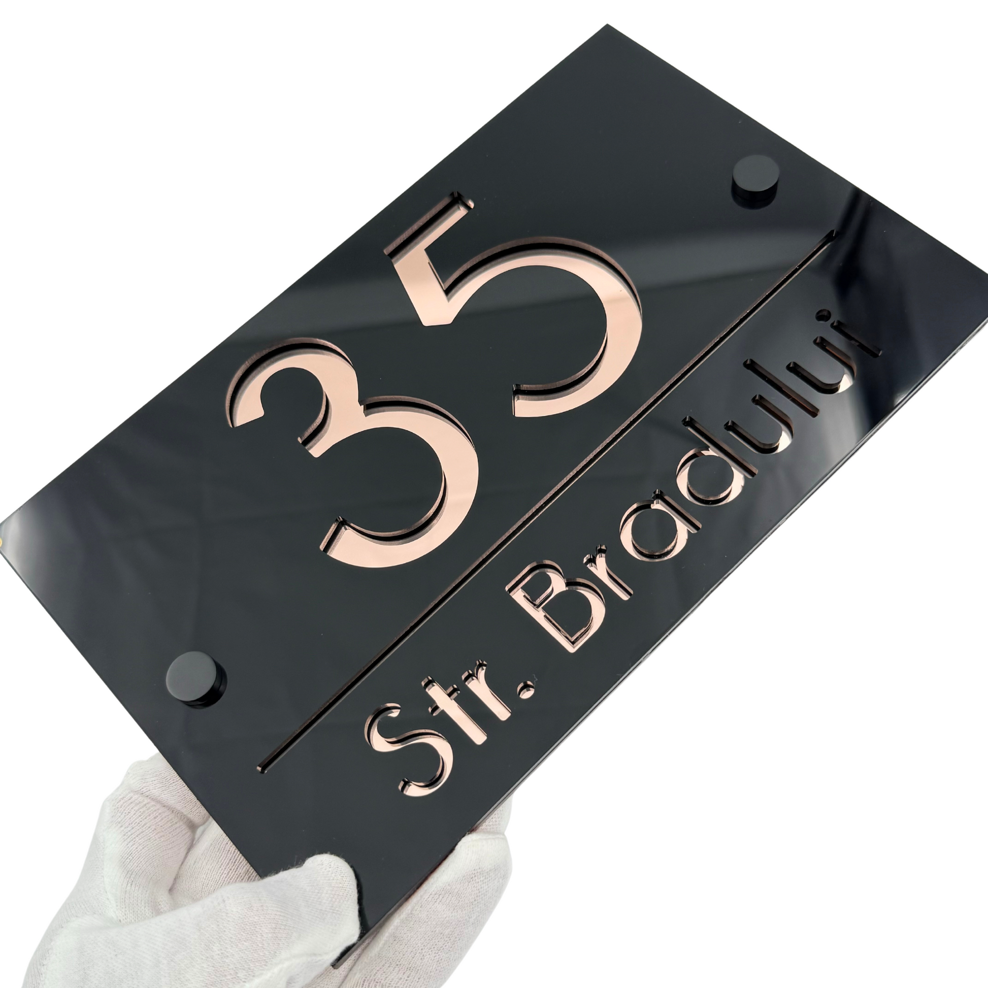 PREMIUM HOUSE NUMBER - Glossy Black Rose Gold Mirror 2 Spacers NeGreyi - 24×15 cm