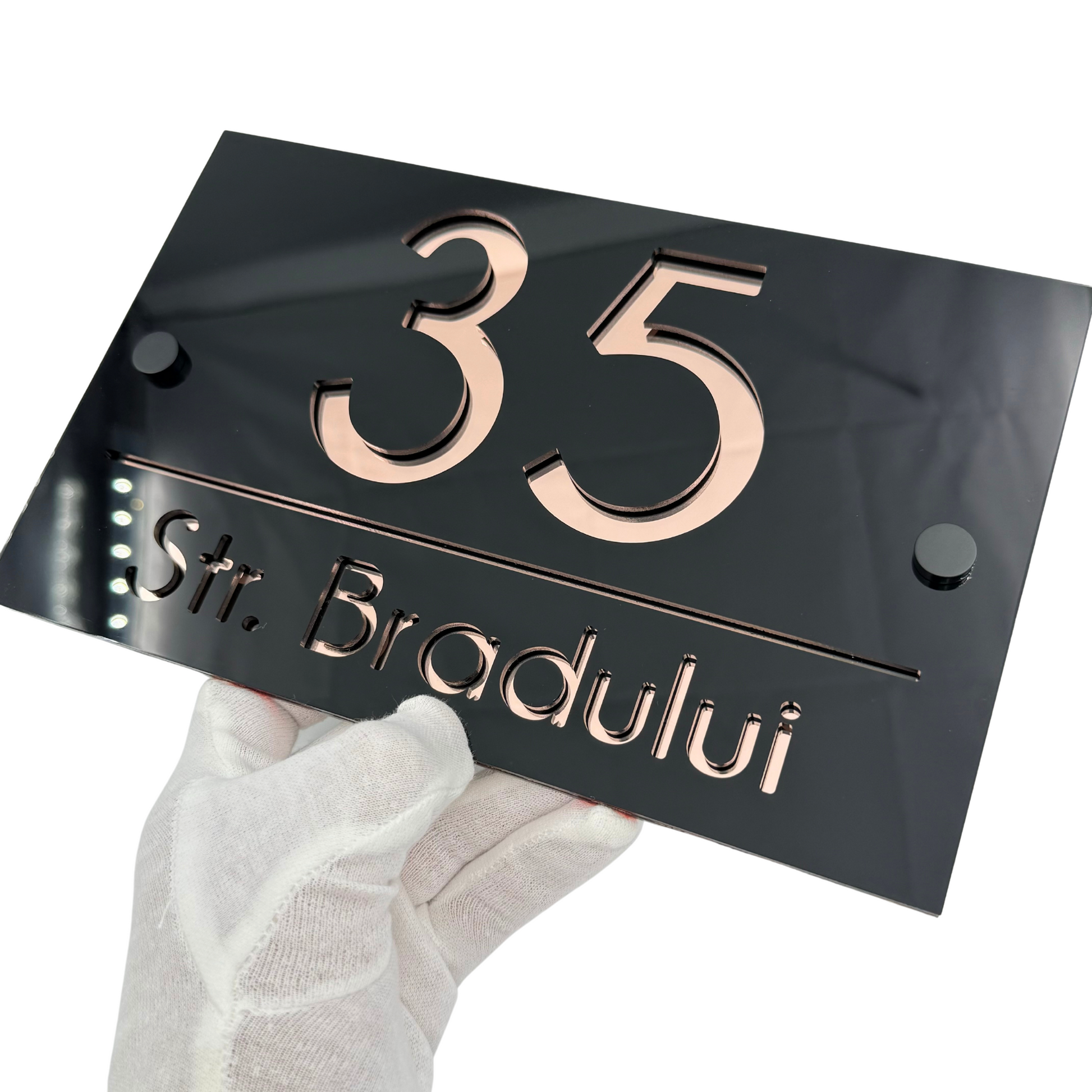 PREMIUM HOUSE NUMBER - Glossy Black Rose Gold Mirror 2 Spacers NeGreyi - 24×15 cm