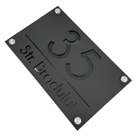 PREMIUM HOUSE NUMBER - Satin Black Glossy Black 4 Spacers Silver - 24×15 cm