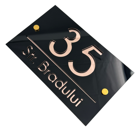 PREMIUM HOUSE NUMBER - Glossy Black Rose Gold Mirror 2 Spacers Gold - 24×15 cm