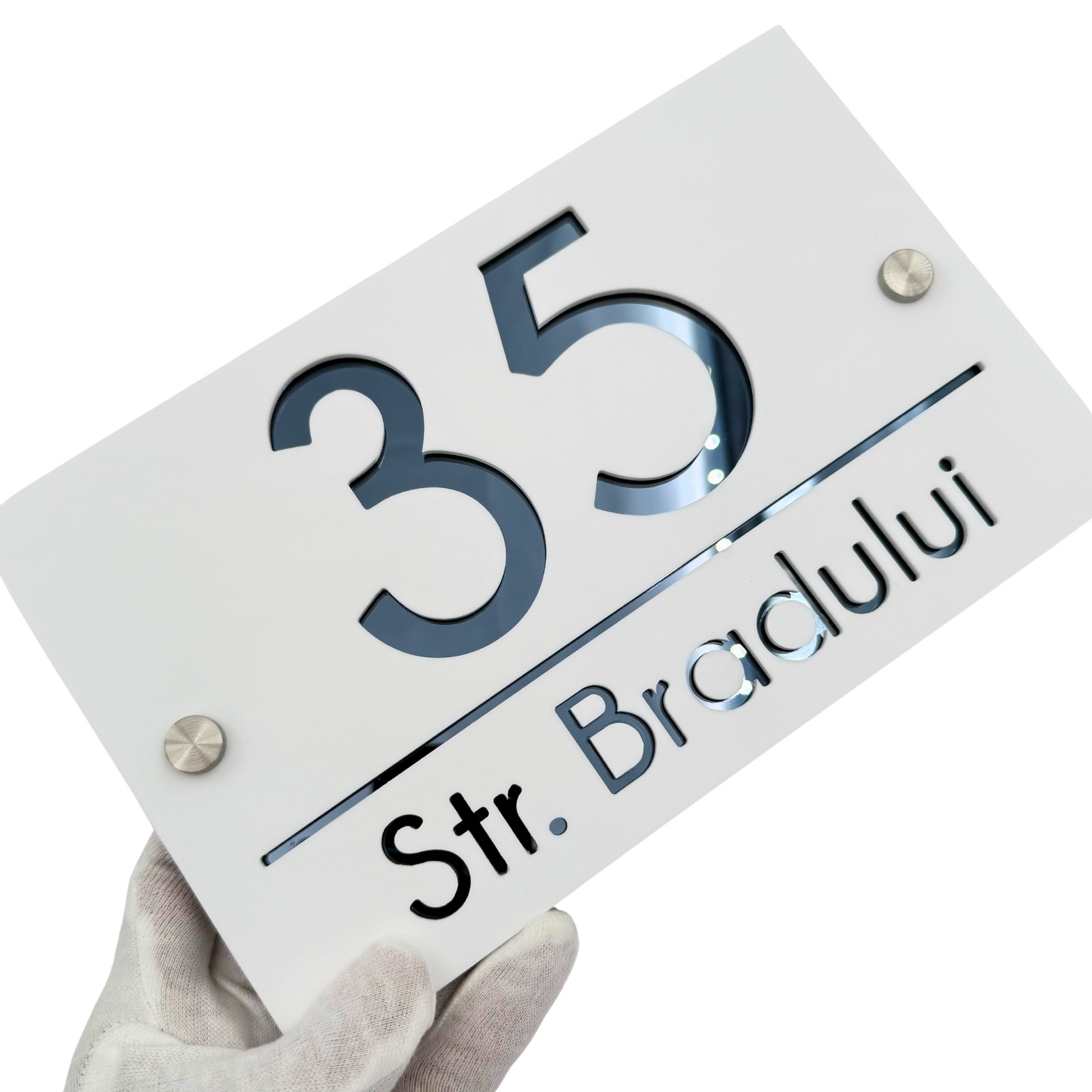 PREMIUM HOUSE NUMBER - White Satin Anthracite Grey Mirror 2 Spacers Silver - 24×15 cm