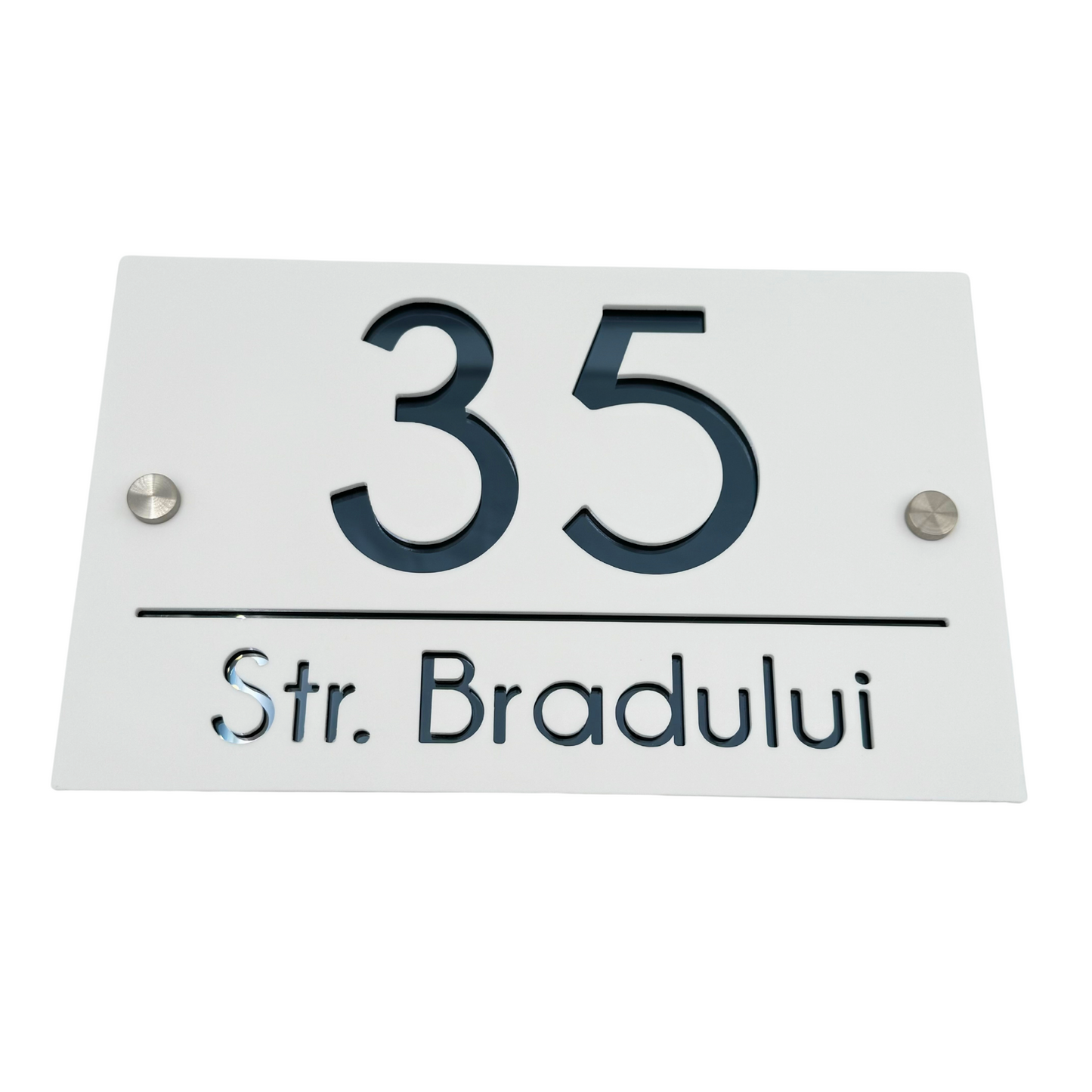 PREMIUM HOUSE NUMBER - White Satin Anthracite Grey Mirror 2 Spacers Silver - 24×15 cm