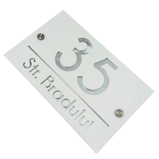 PREMIUM HOUSE NUMBER - White Satin Silver Mirror 2 Spacers Silver - 24×15 cm
