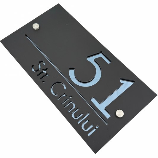 PREMIUM HOUSE NUMBER - Satin Black Anthracite Grey Mirror 2 Spacers Silver - 28×15 cm