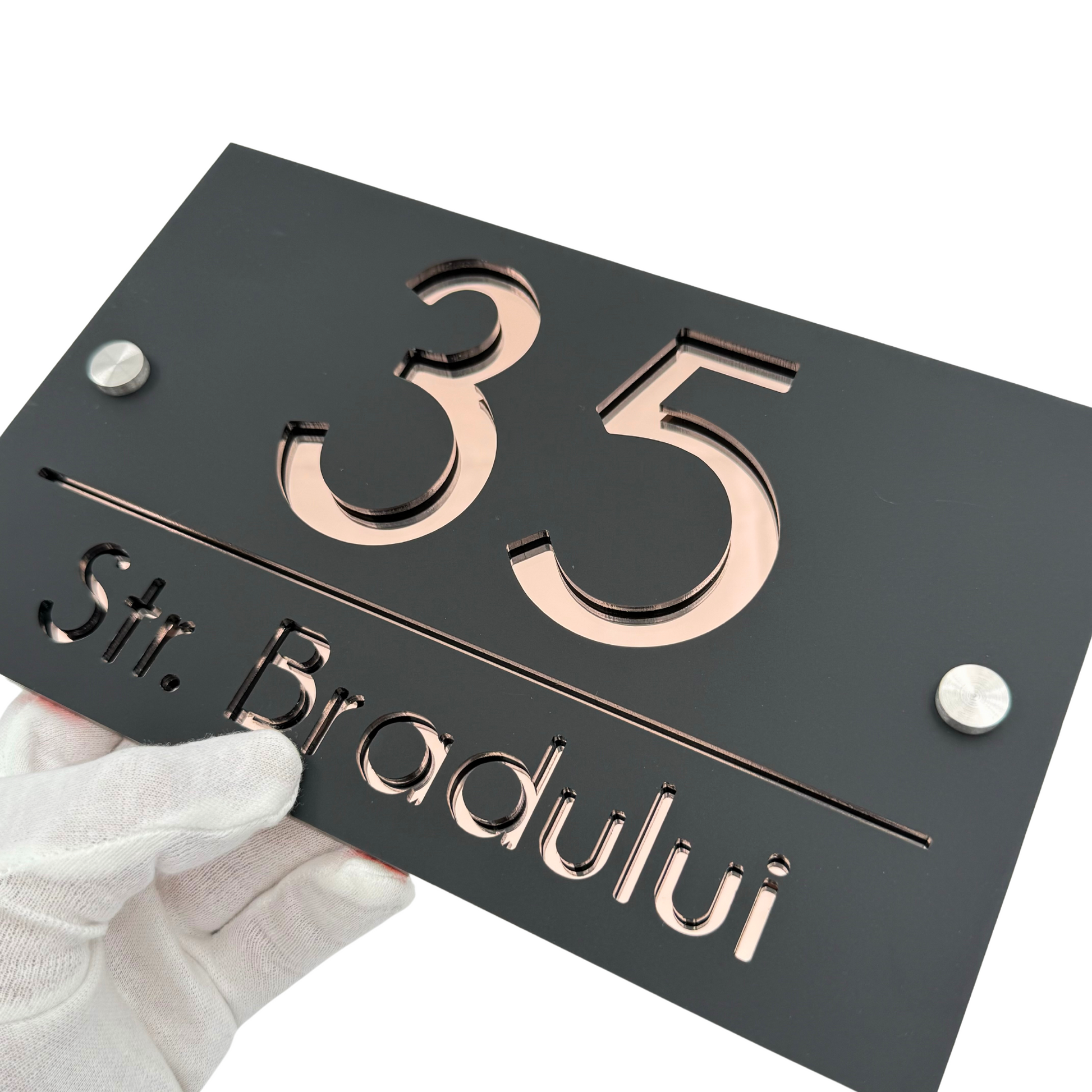 PREMIUM HOUSE NUMBER - Satin Black Rose Gold Mirror 2 Spacers Silver - 24×15 cm