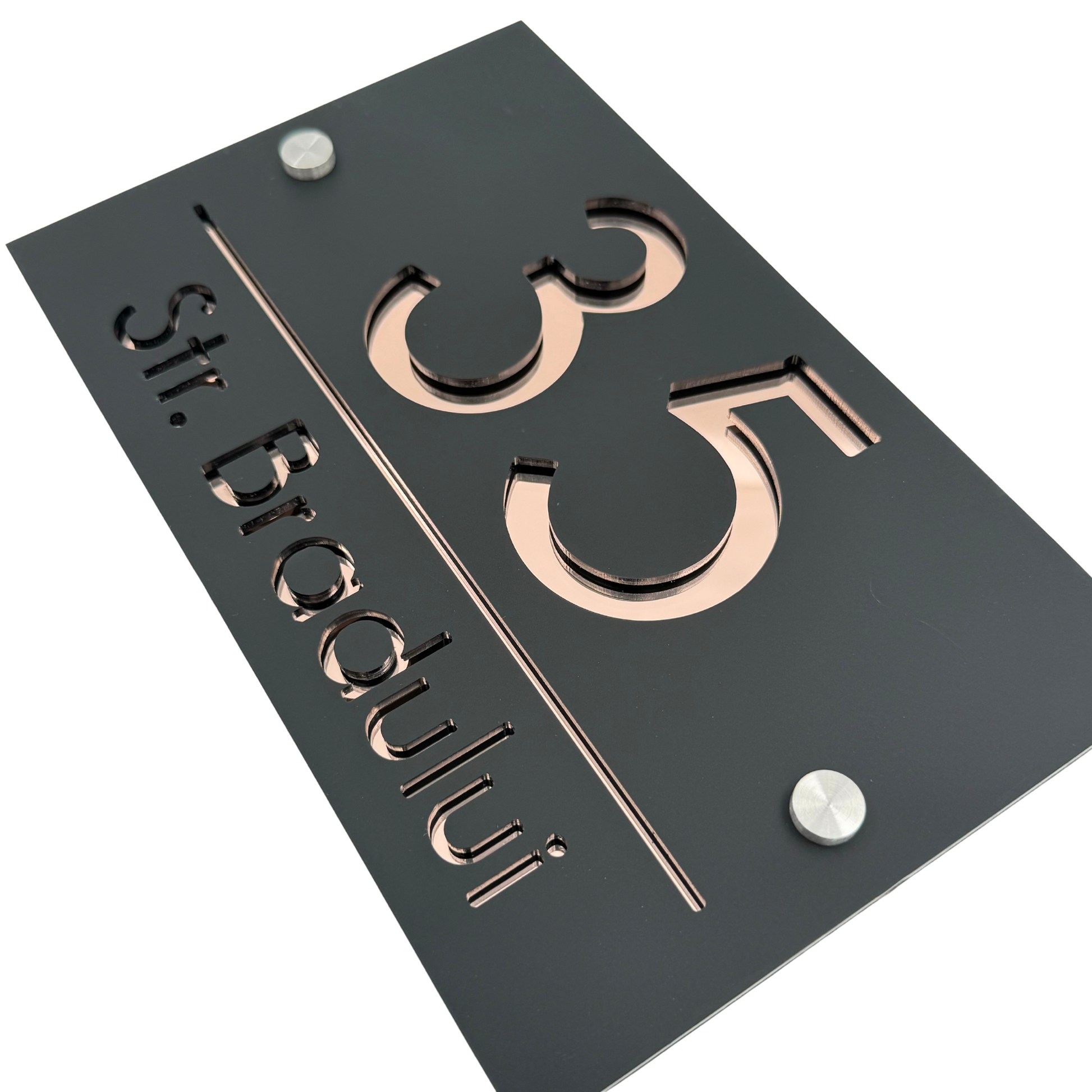 PREMIUM HOUSE NUMBER - Satin Black Rose Gold Mirror 2 Spacers Silver - 24×15 cm