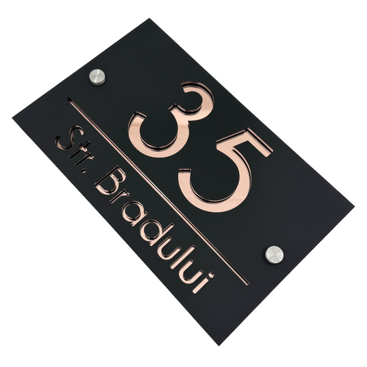 PREMIUM HOUSE NUMBER - Satin Black Rose Gold Mirror 2 Spacers Silver - 24×15 cm