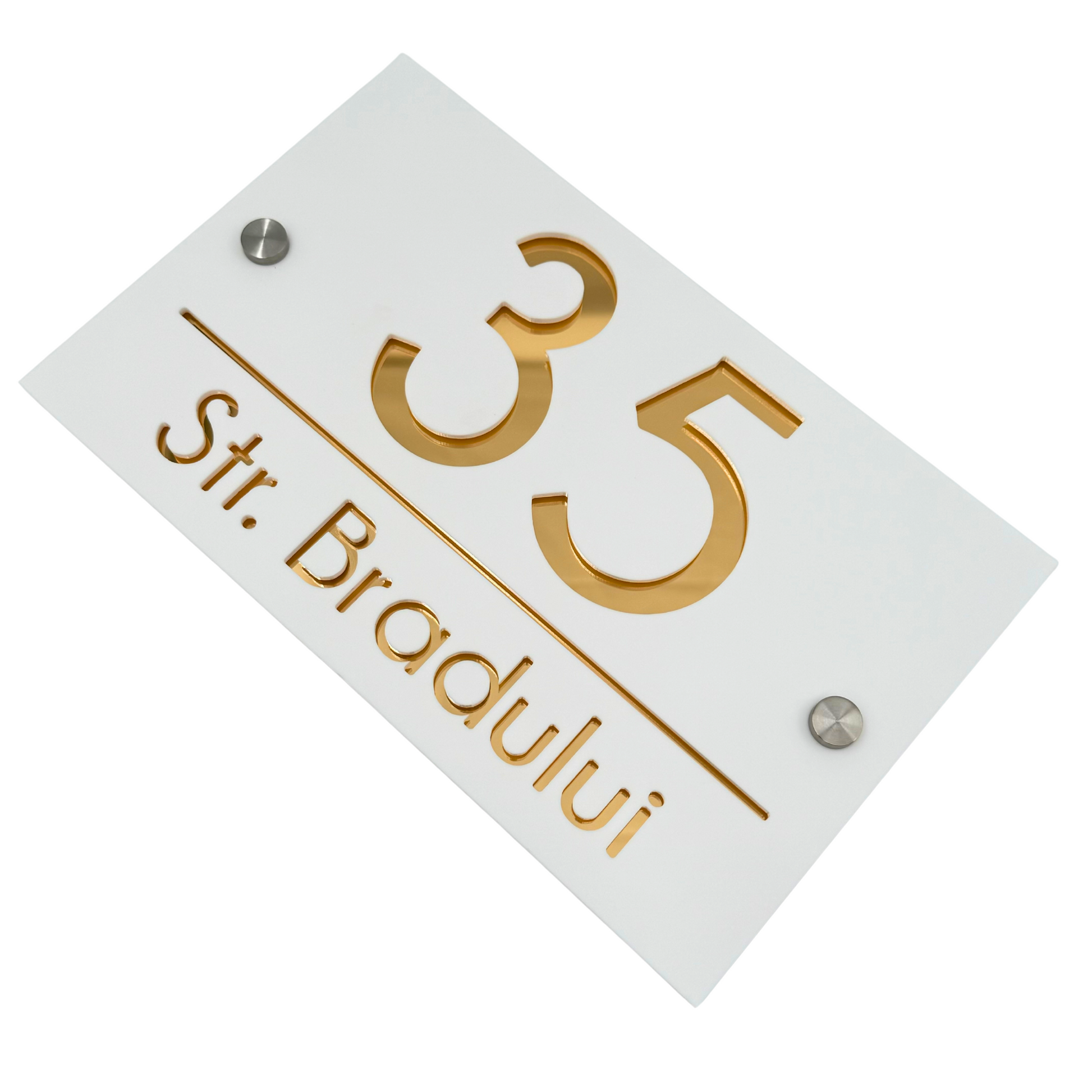 PREMIUM HOUSE NUMBER - White Satin Gold Mirror 2 Spacers Silver - 24×15 cm